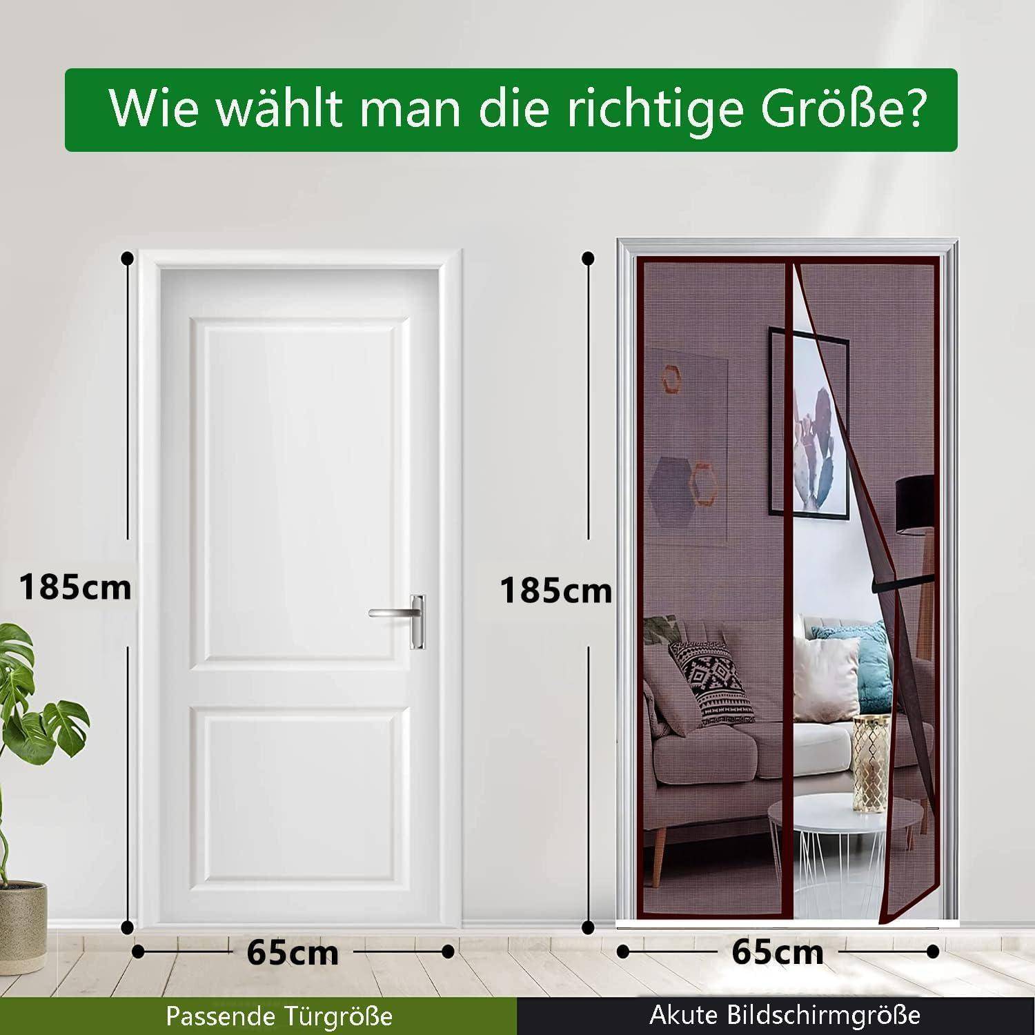Infografik zum Vergleich von Türgrößen: eine 185 cm x 65 cm große Standard-Weiße Tür versus eine 185 cm x 65 cm große Schiebe-Screentür in einem Raum, mit deutschem Text „Wie wählt man die richtige Größe?"