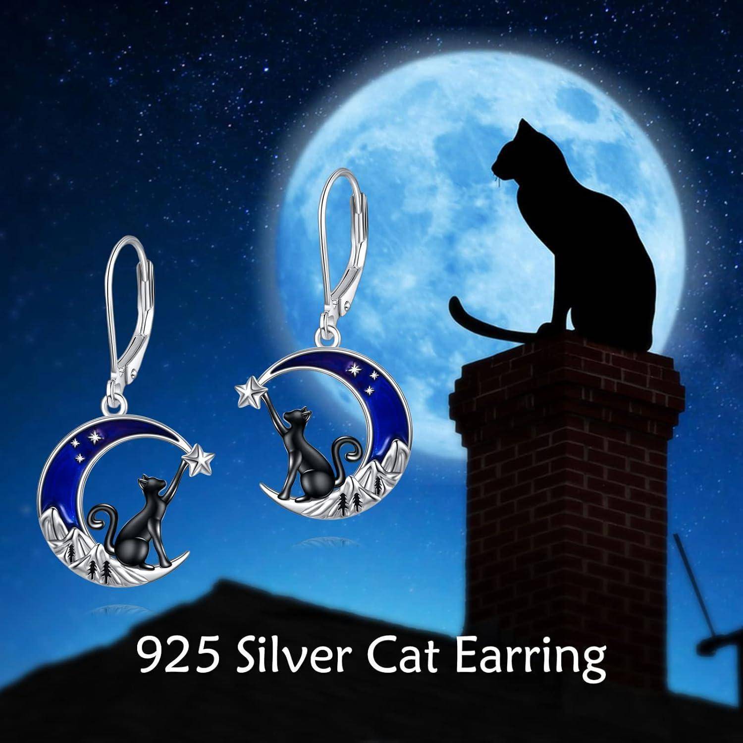 Ohrringe Keltisch Hängend Sterling Silber Damen Blau Mond und Katze