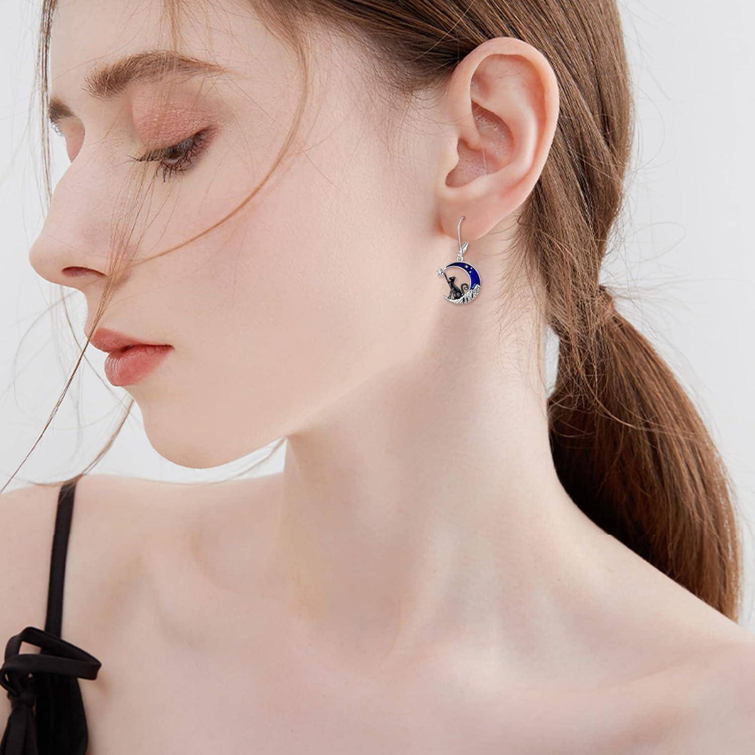 Ohrringe Keltisch Hängend Sterling Silber Damen Blau Mond und Katze