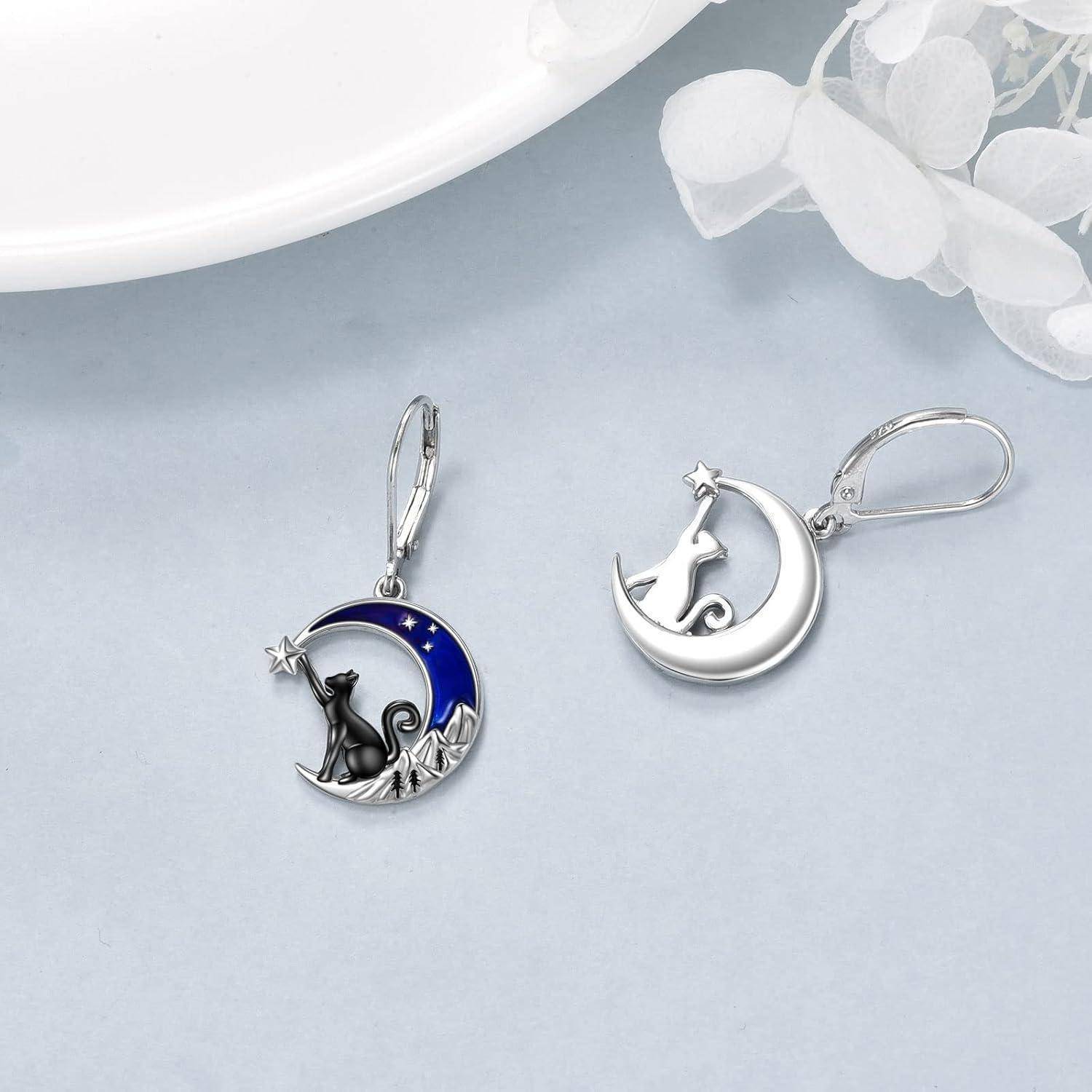 Ohrringe Keltisch Hängend Sterling Silber Damen Blau Mond und Katze