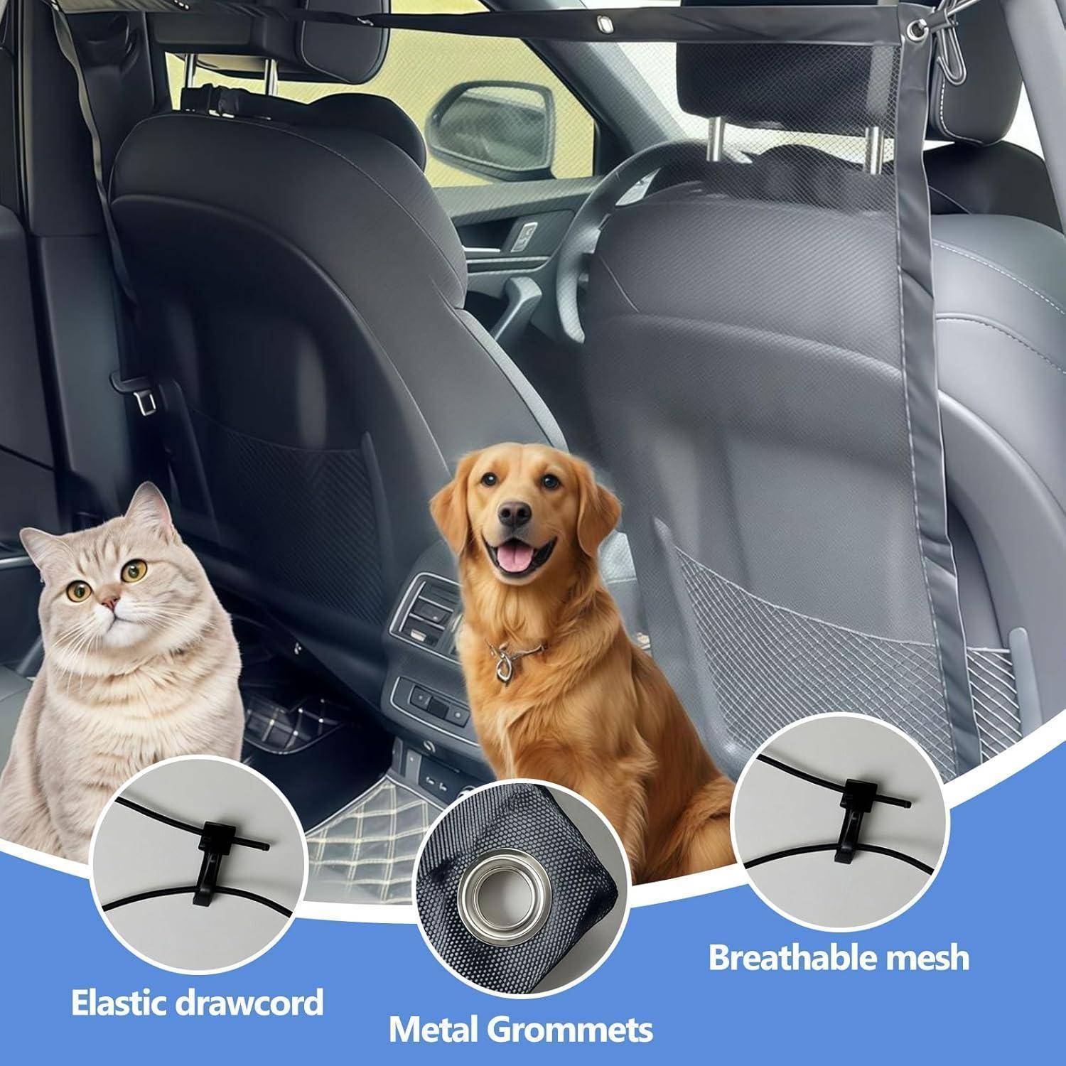 Haustier-Auto-Hängematten-Sitzbezug mit einer Katze und einem Hund auf der Rückbank, mit elastischem Zugband, Metallösen und atmungsaktivem Netzstoff.
