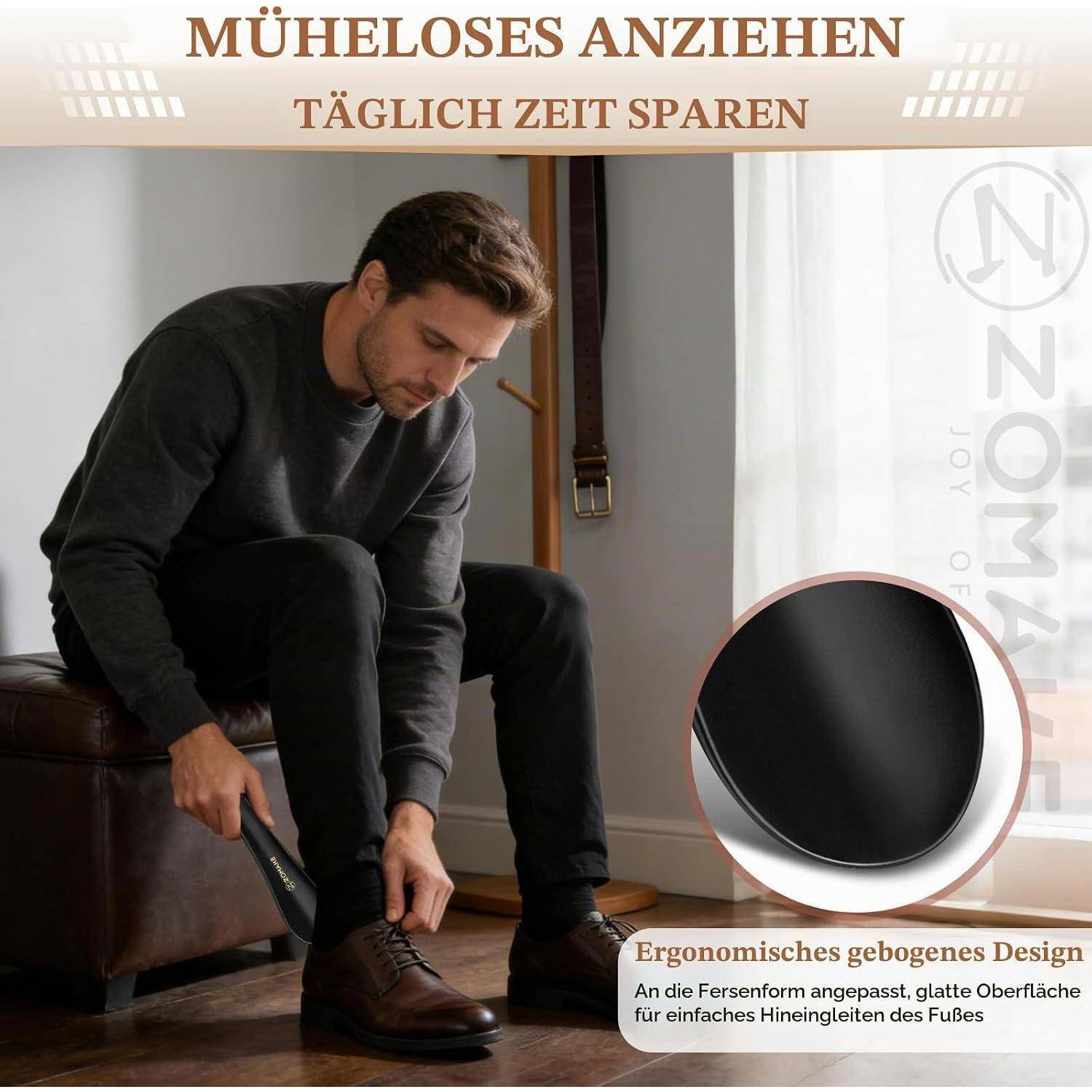 Werbeanzeige, die einen Mann zeigt, der mühelos braune Schuhe anzieht; der Text lautet „Müheloses Anziehen