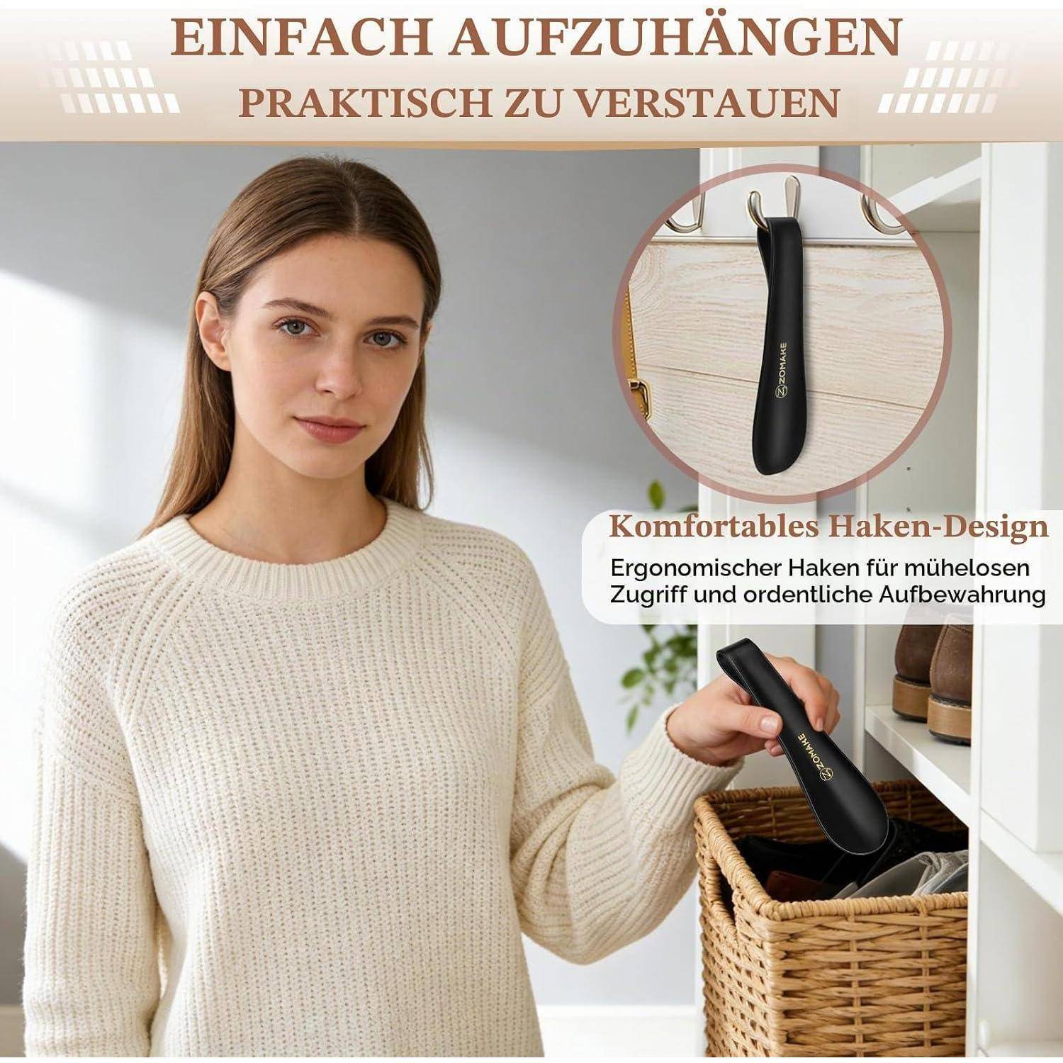 Frau hält einen schwarzen ergonomischen Haken neben einem Weidenkorb in einem Schrank; deutscher Text besagt, dass er leicht zu hängen und praktisch zu lagern ist.
