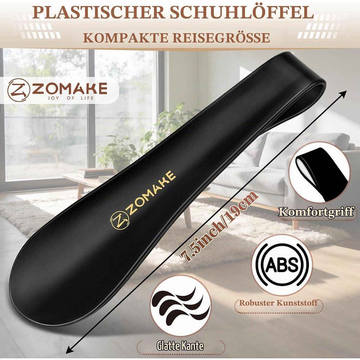 Tragbarer Schuhanzieher aus schwarzem Kunststoff, 7,5 Zoll lang, mit Komfortgriff, glatter Kante und strapazierfähigem ABS-Material.