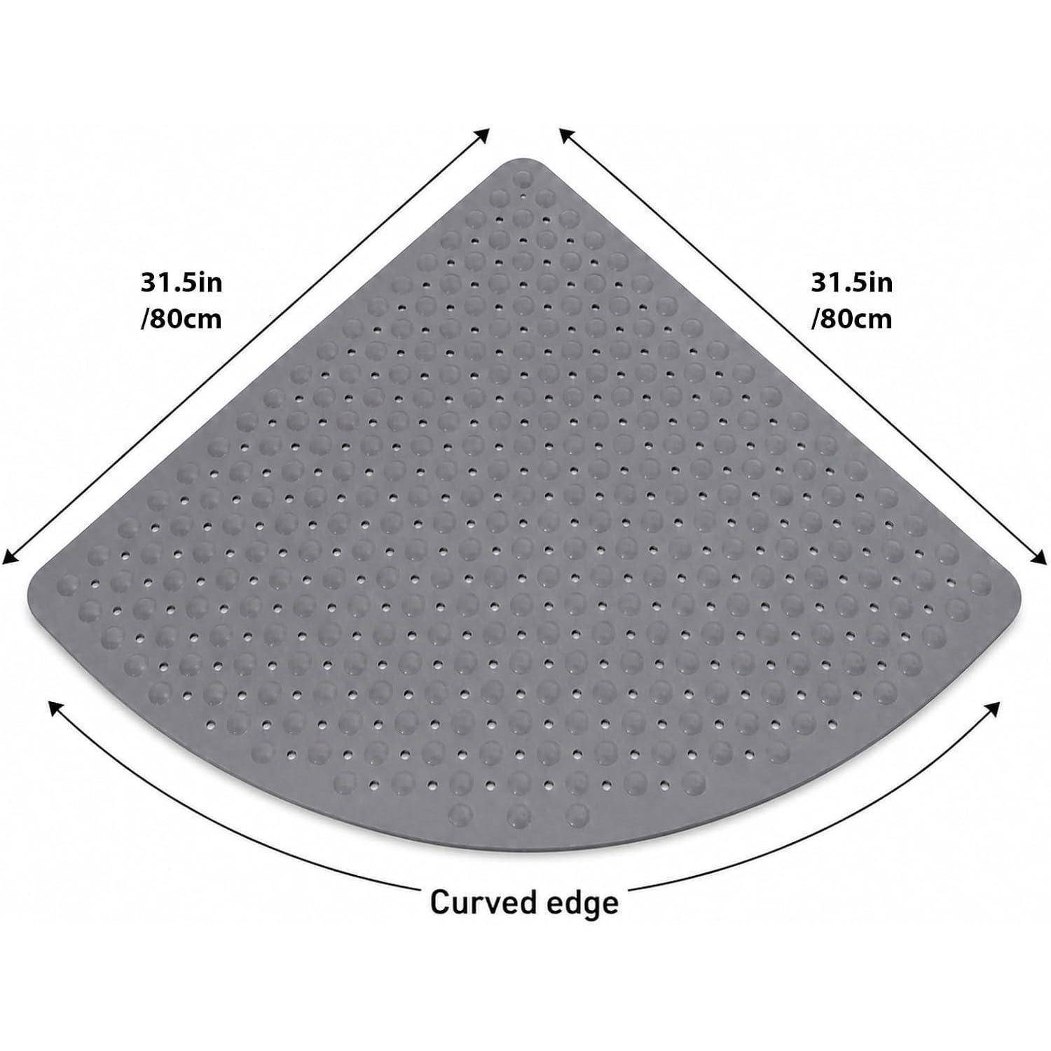 Graue, diamantförmige Antirutschmatte mit gewölbter Vorderkante; Seiten mit 31,5 Zoll/80 cm beschriftet und gekrümmte Kante markiert.