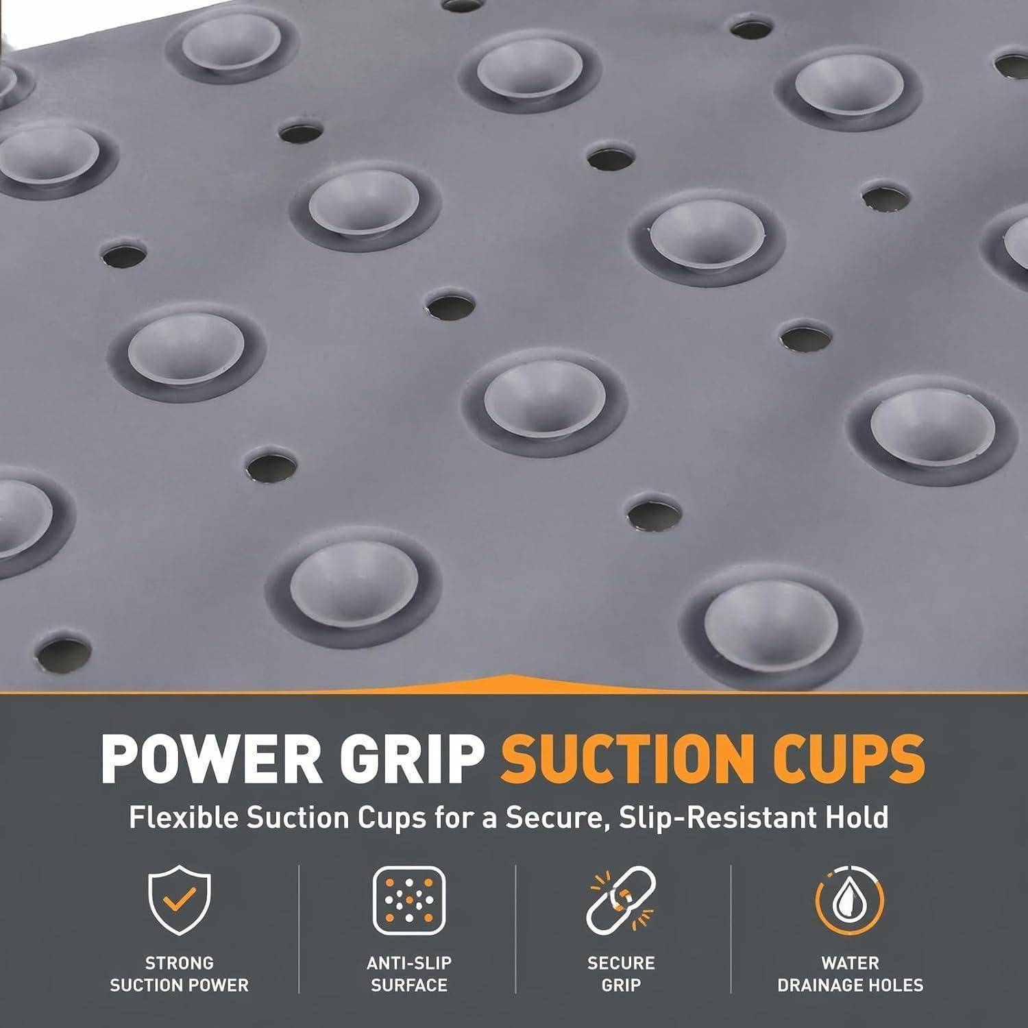 Anzeige für Power Grip Saugnäpfe auf einer grauen Oberfläche mit dem Text „Flexible Saugnäpfe für einen sicheren, rutschfesten Halt" und Symbolen für starken Griff, rutschfeste Oberfläche, sichere Verriegelung und Entwässerungslöcher.