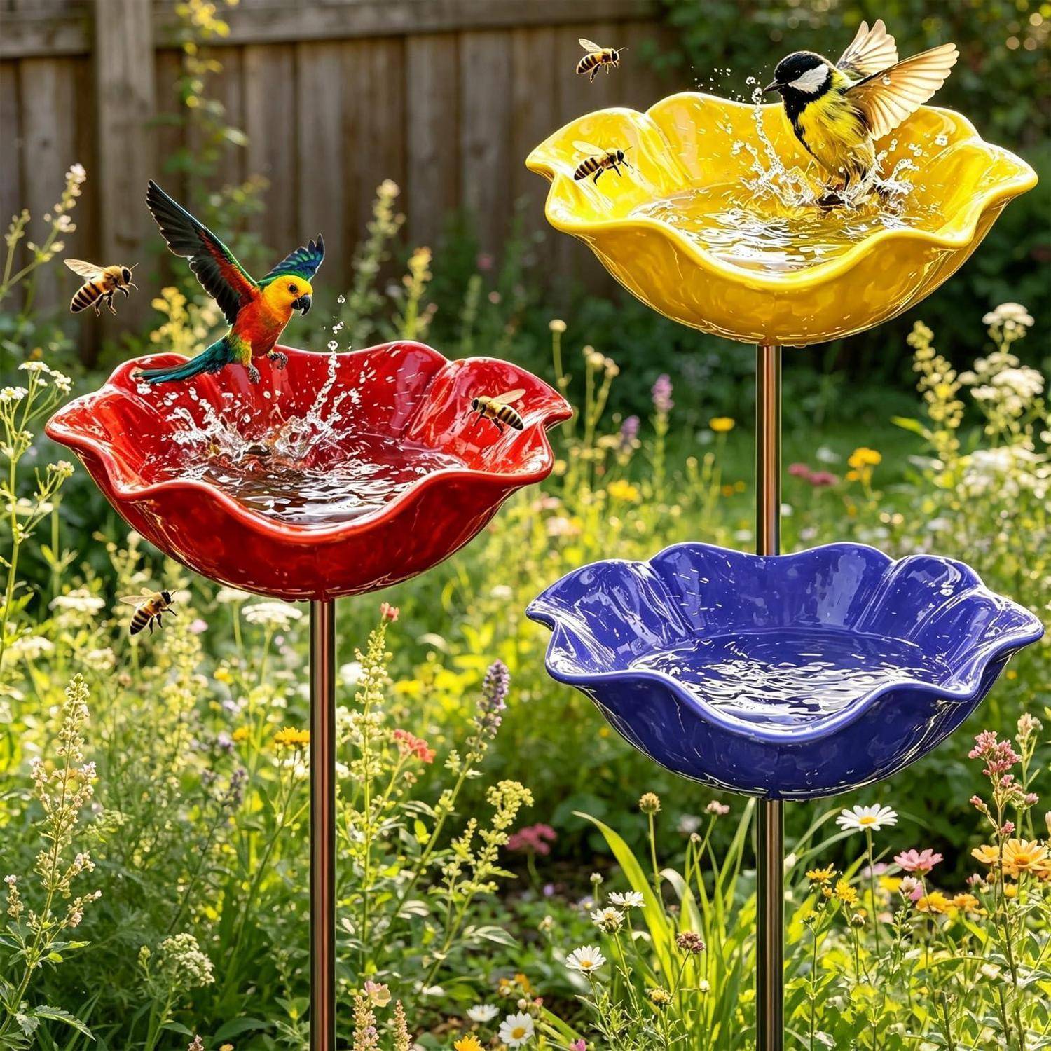 Vogeltränke Stehend 3er Set Blumenform Metall Lila Gelb Rot Frostfest