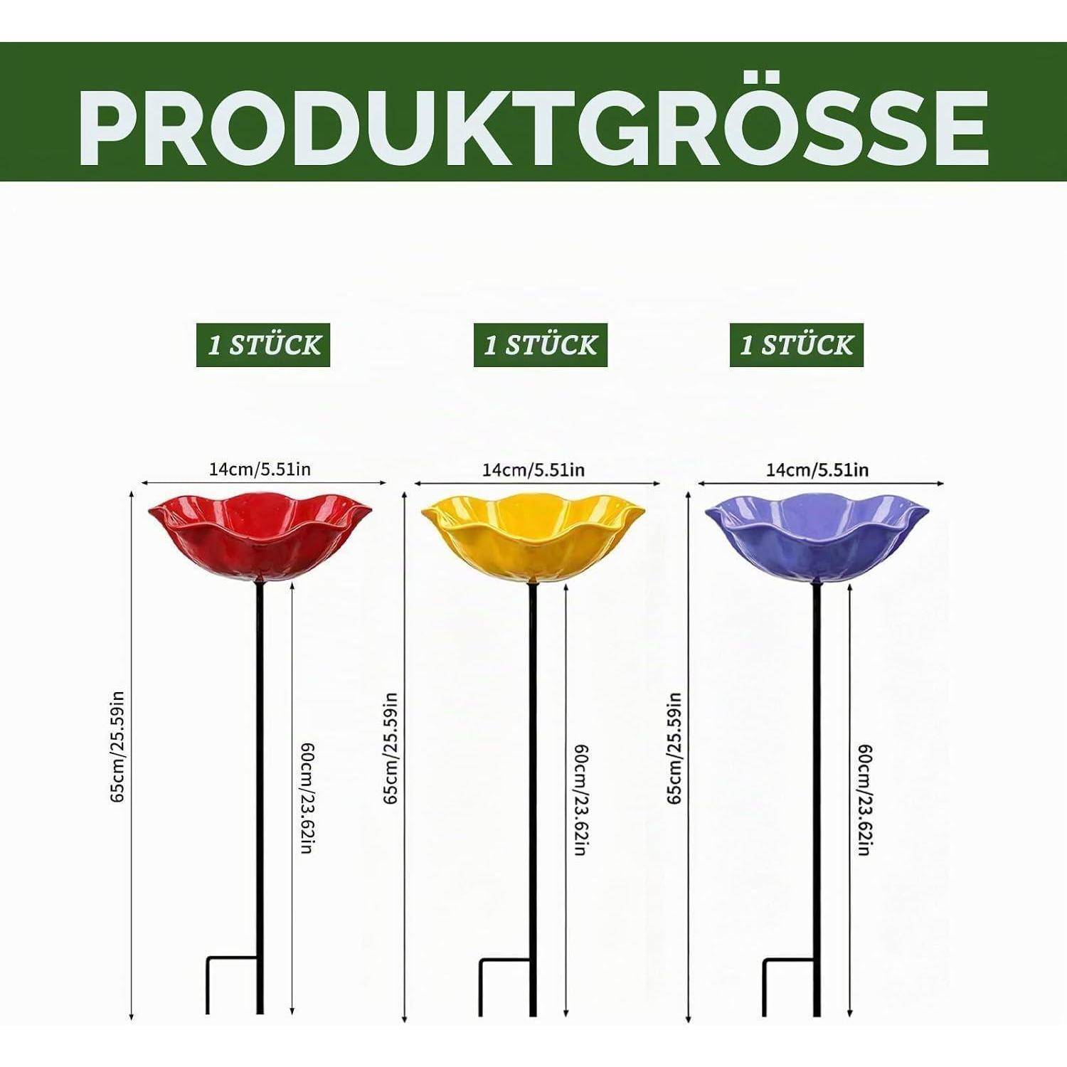 Größentabelle für Produkte mit drei blumenförmigen Ständern in Rot, Gelb und Blau, jeweils mit der Bezeichnung '1 STÜCK' und einer Höhe von 56 cm mit einer 14 cm breiten Oberseite.