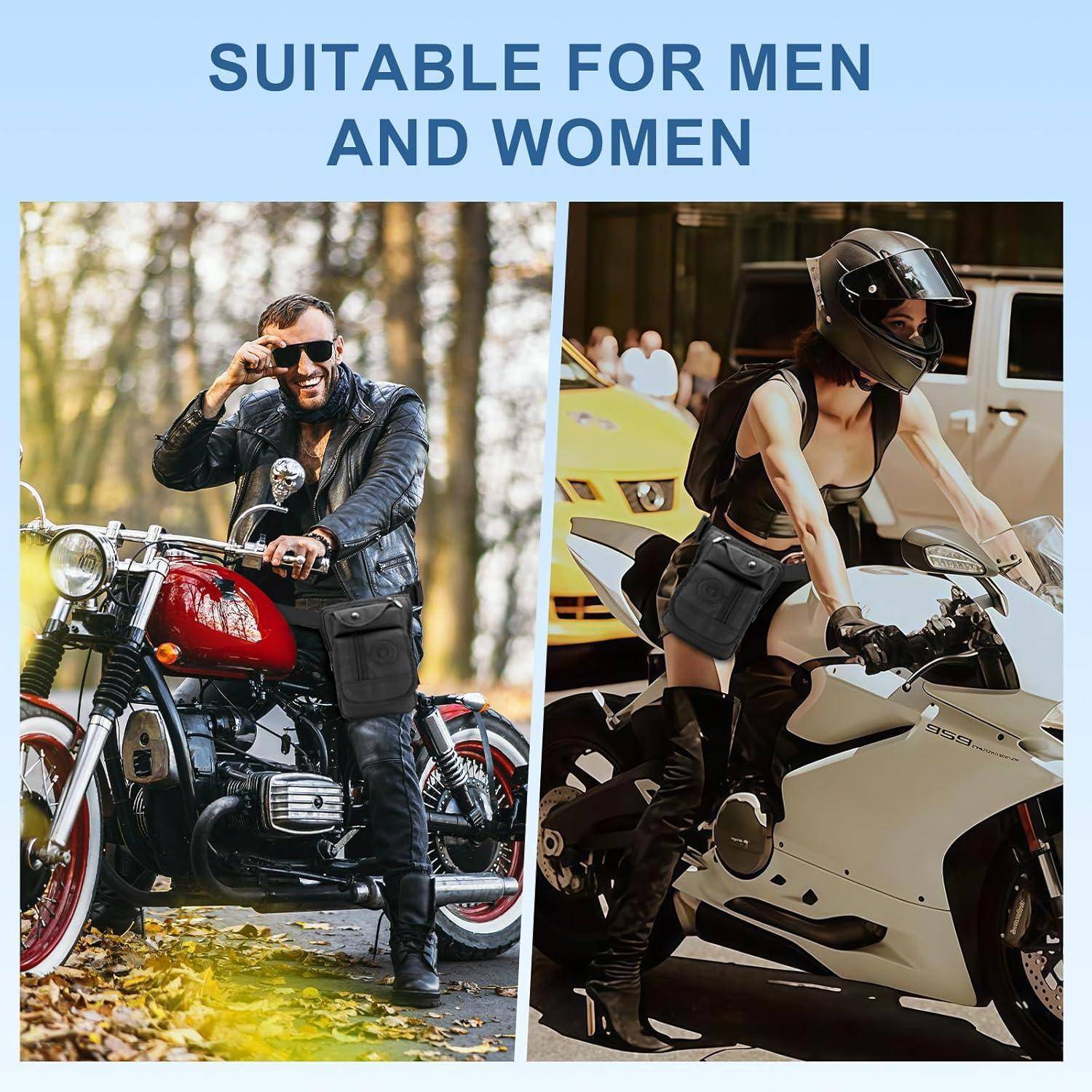Geteiltes Bild eines Mannes und einer Frau auf Motorrädern mit dem Text 'GEEIGNET FÜR MÄNNER UND FRAUEN' über ihnen.