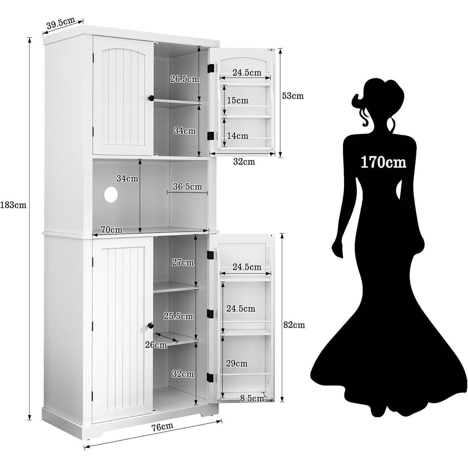 Weiß lackierter Schrank mit vier Fächern und Türen, dargestellt mit detaillierten Abmessungen; die Silhouette einer 170 cm großen Person zeigt die Skalierung an.