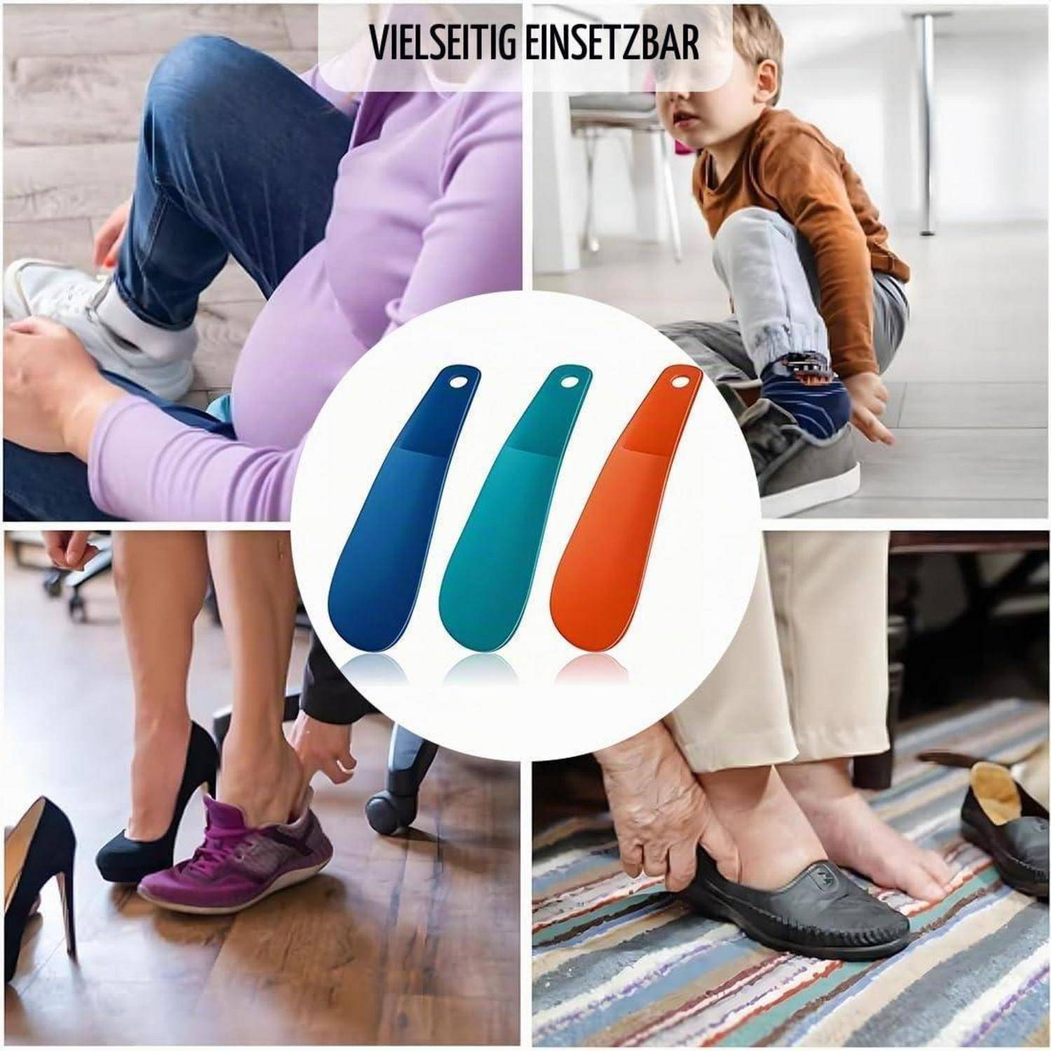 Collage mit einem Schuhlöffel, der beim Anziehen von Schuhen hilft, mit deutschem Text „VIELSEITIG EINSETZBAR