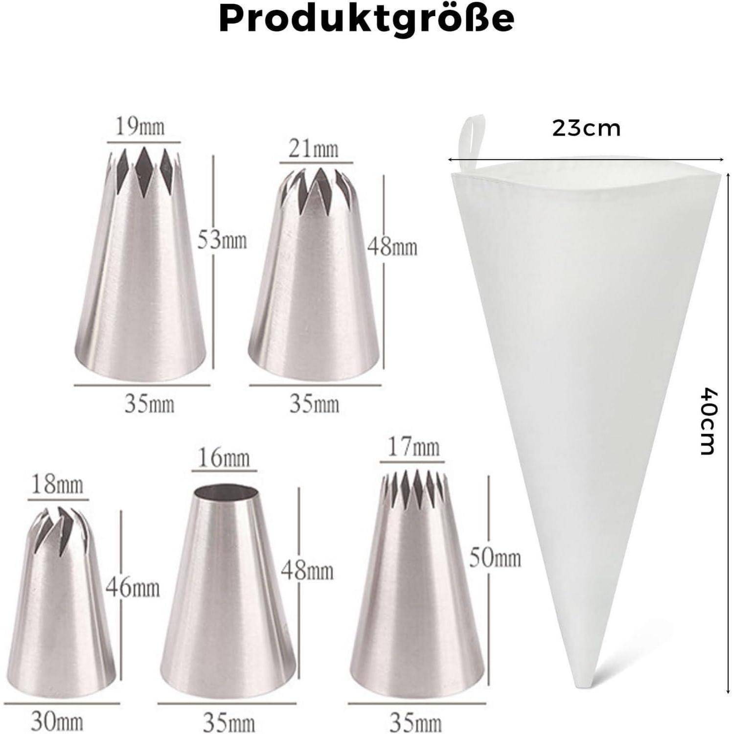 Spritzbeutel Set 6-teilig mit Edelstahl Tüllen Groß Silber