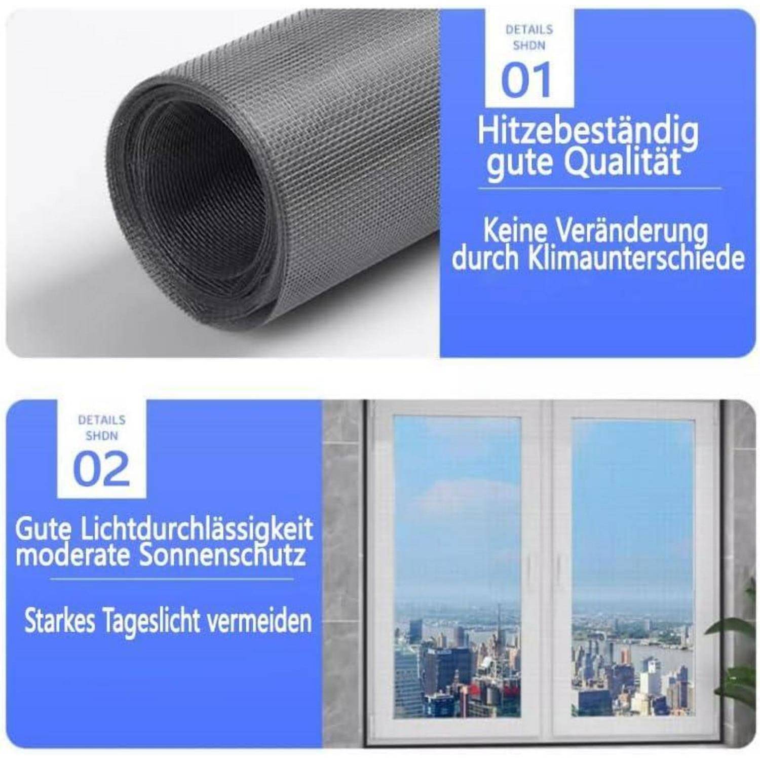 Werbeanzeige für Fliegengittertypen: wärmefest, höchste Qualität und lichtdurchlässig bei gleichzeitigem moderatem Sonnenschutz und Reduktion starken Tageslichts.