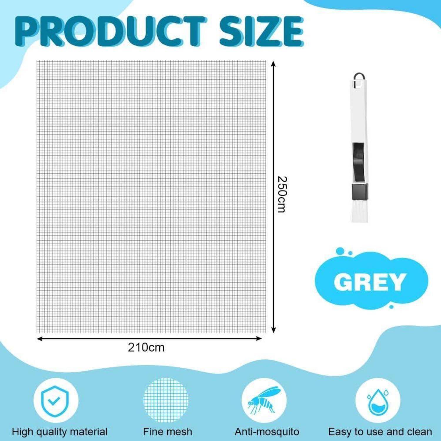 Produktgrößendiagramm mit einer 210 cm × 250 cm Feinnetz-Grau-Antimückenschirm mit Symbolen für hochwertiges Material, Feinnetz und einfache Reinigung.