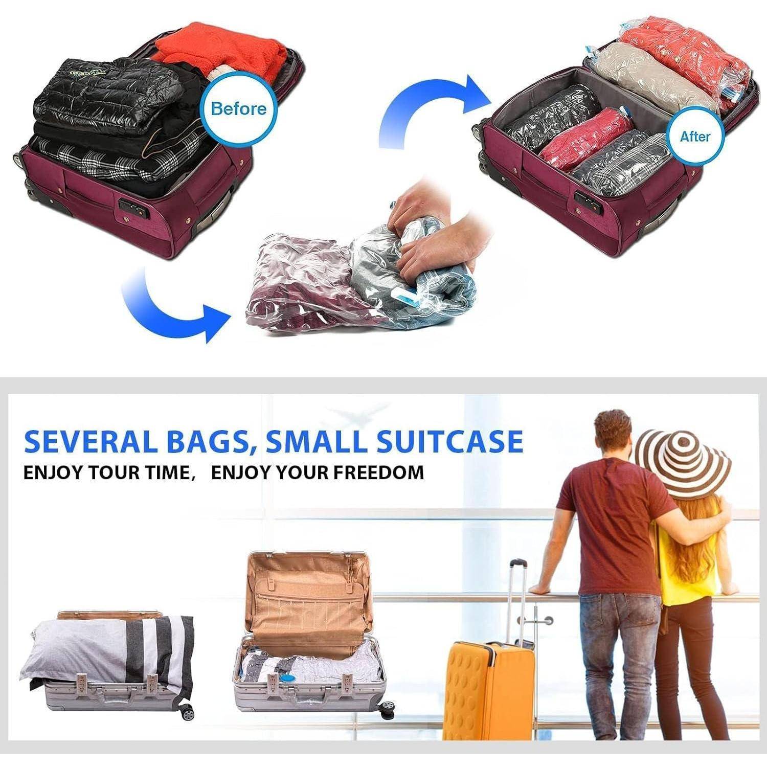 Ein Kofferpackorganizer komprimiert Kleidung, um mehr in einen kleinen Koffer zu passen; die Anzeige lautet „MEHRERE TASCHEN, KLEINER KOFFER