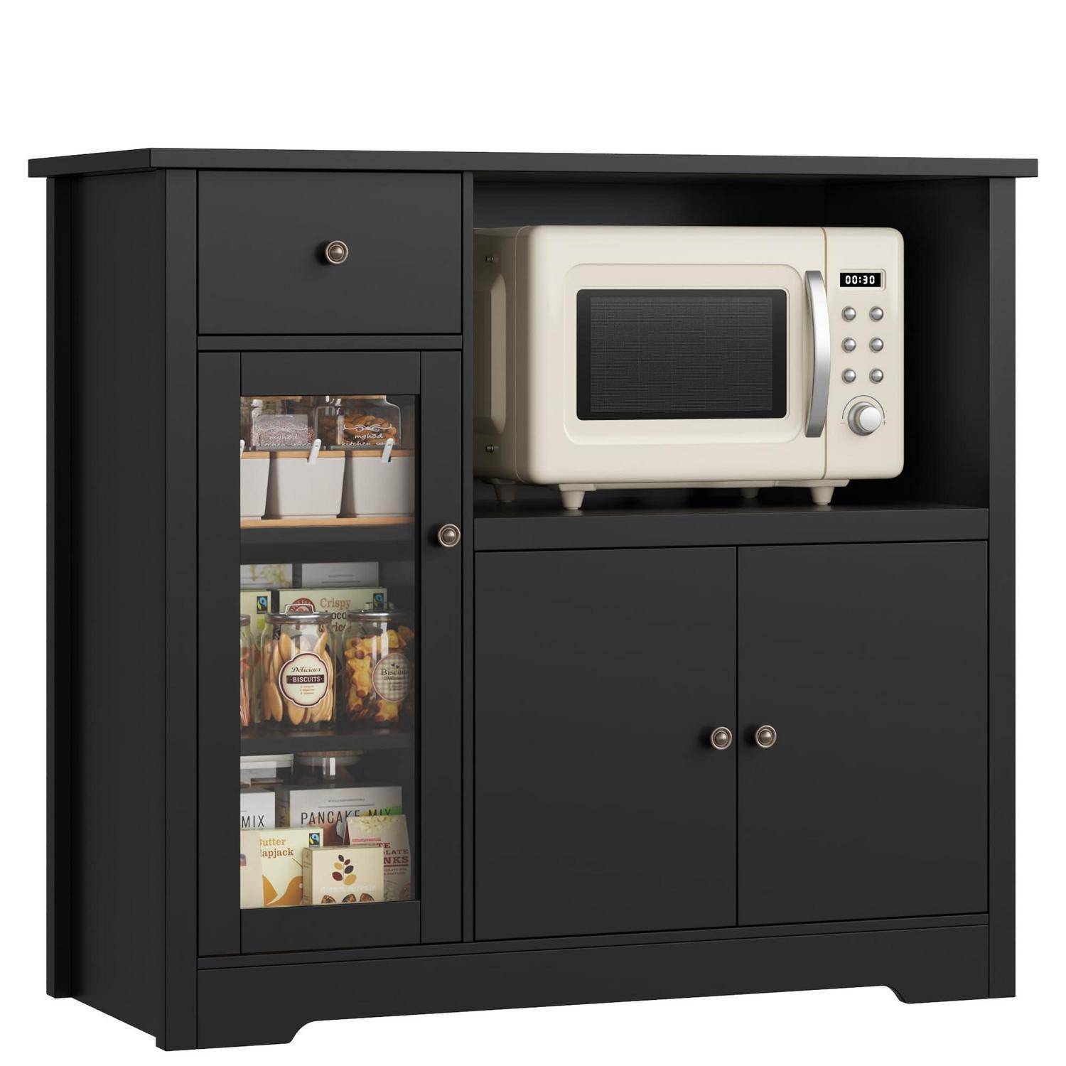 Küchenschrank mit Arbeitsplatte, Mikrowellenregal, 1 Schublade, 3 Türen, Schwarz