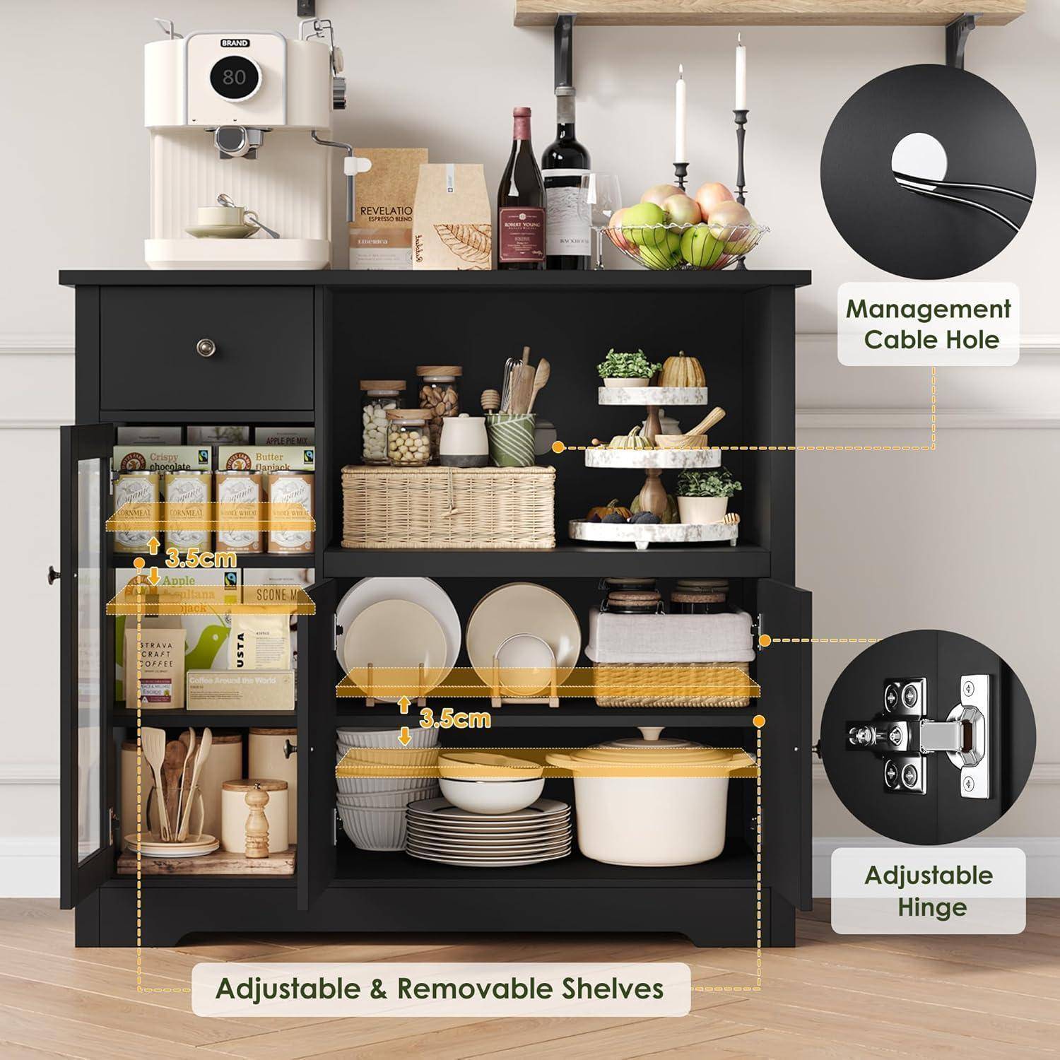Küchenschrank mit Arbeitsplatte, Mikrowellenregal, 1 Schublade, 3 Türen, Schwarz