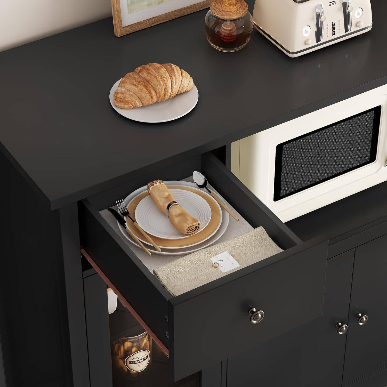 Küchenschrank mit Arbeitsplatte, Mikrowellenregal, 1 Schublade, 3 Türen, Schwarz