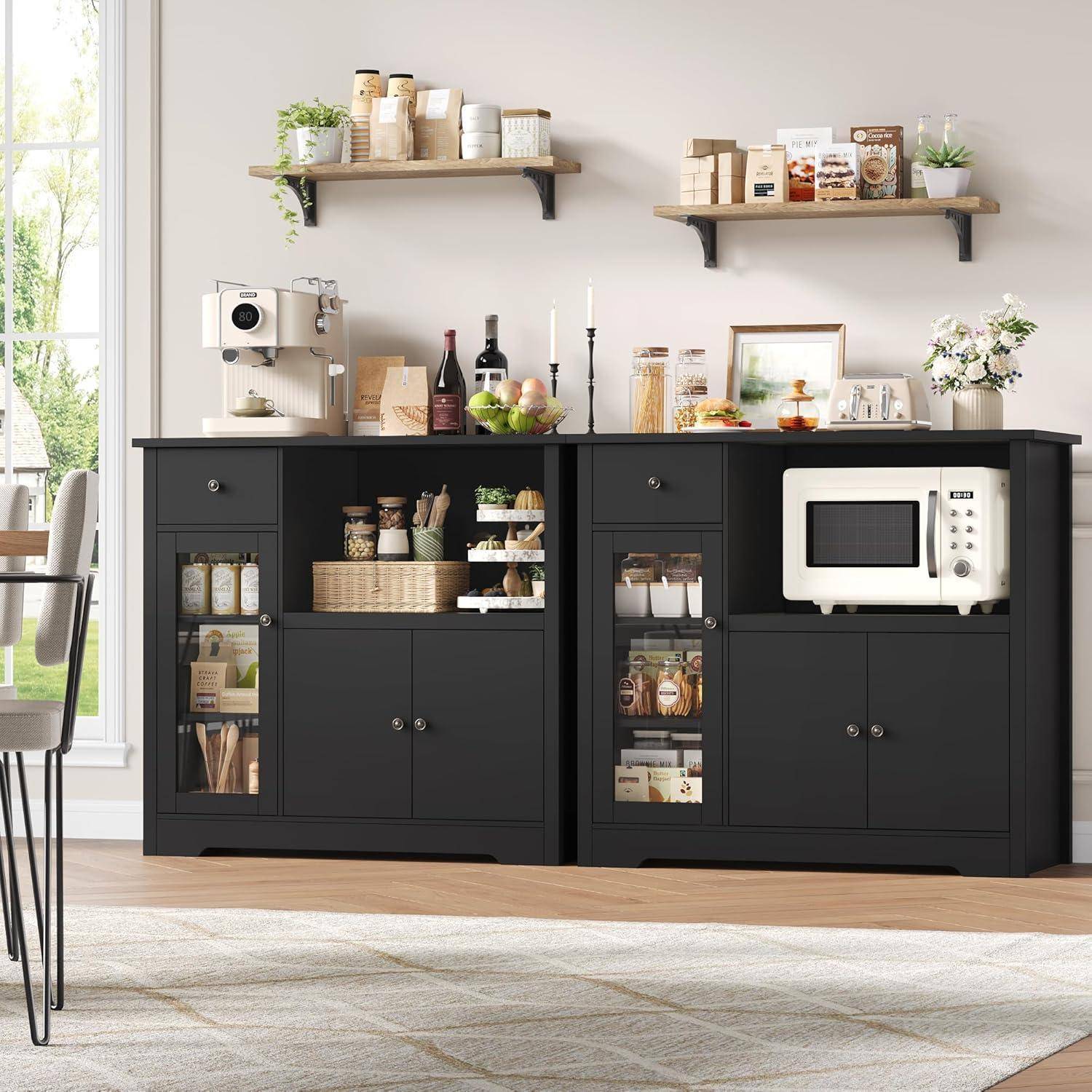Küchenschrank mit Arbeitsplatte, Mikrowellenregal, 1 Schublade, 3 Türen, Schwarz