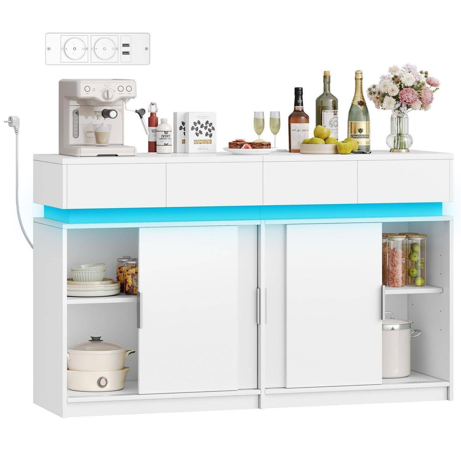 Sideboard mit 4 Schubladen, 4 Schiebetüren, Steckdosenleiste, LED, 140x85cm, Weiß