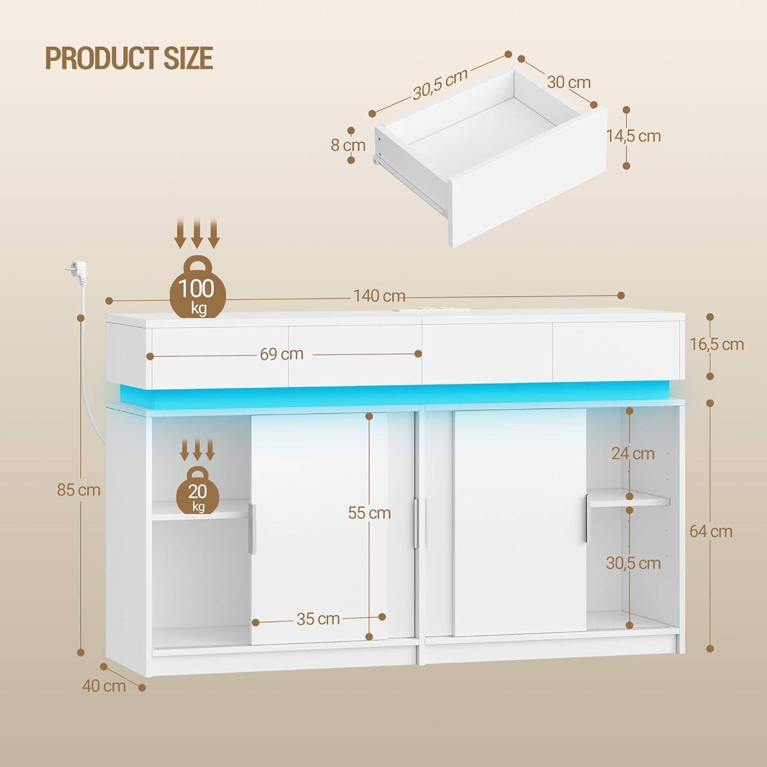 Illustriertes Produktgrößendiagramm eines weißen Schranks/einer Waschtischanlage mit Spülbecken, das Gesamt- und Fachabmessungen sowie Gewichtsgrenzen zeigt: 140 cm breit, 85 cm hoch, 40 cm tief, 100 kg Oberseite, 20 kg Regal.