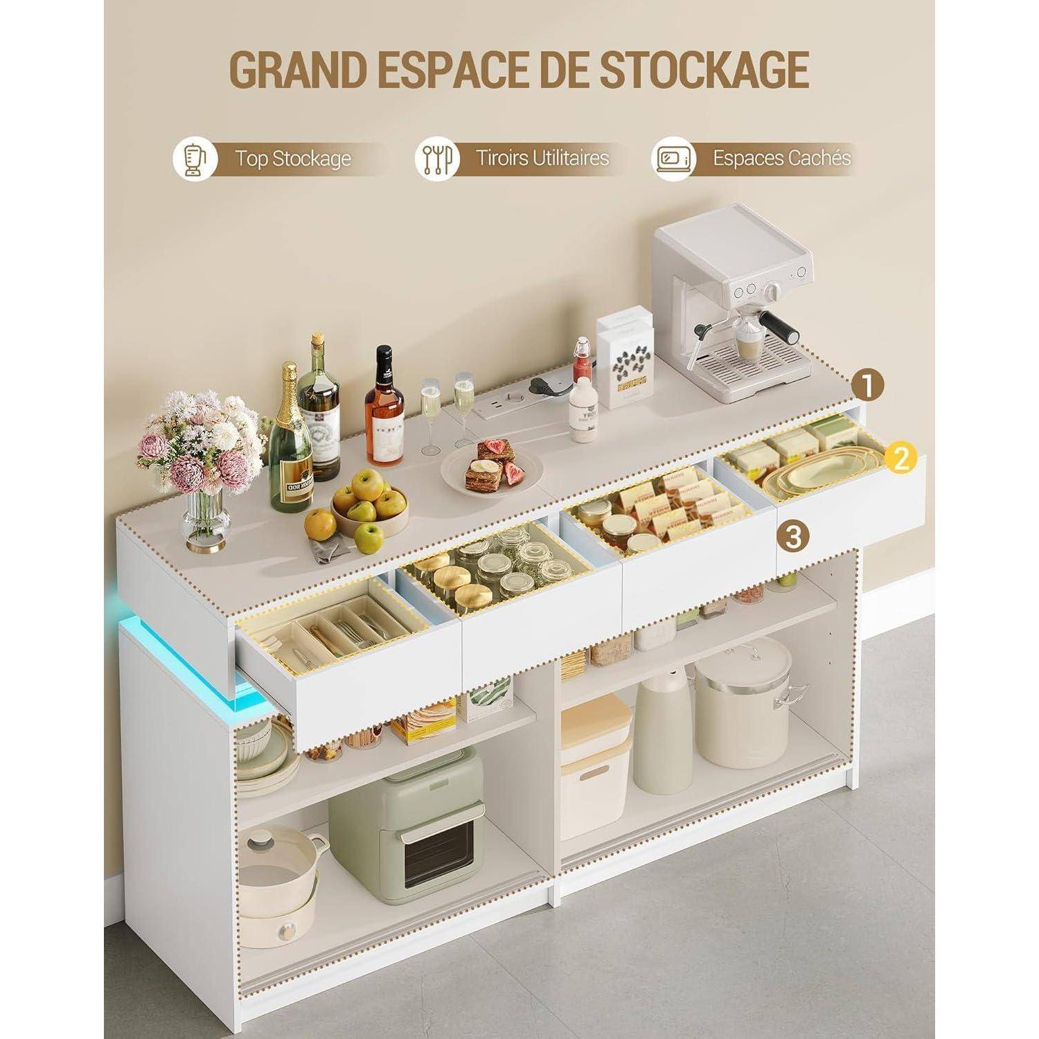 Sideboard mit 4 Schubladen, 4 Schiebetüren, Steckdosenleiste, LED, 140x85cm, Weiß
