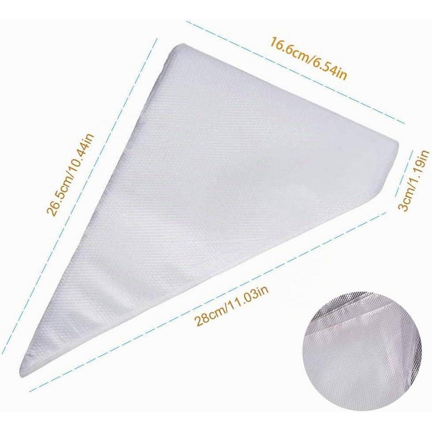 Dreieckiges Maschenfilter-Beutel dargestellt mit Abmessungen: 28 cm untere Kante, 26,5 cm Seite, 16,6 cm obere Kante und 3 cm Öffnungsbreite.