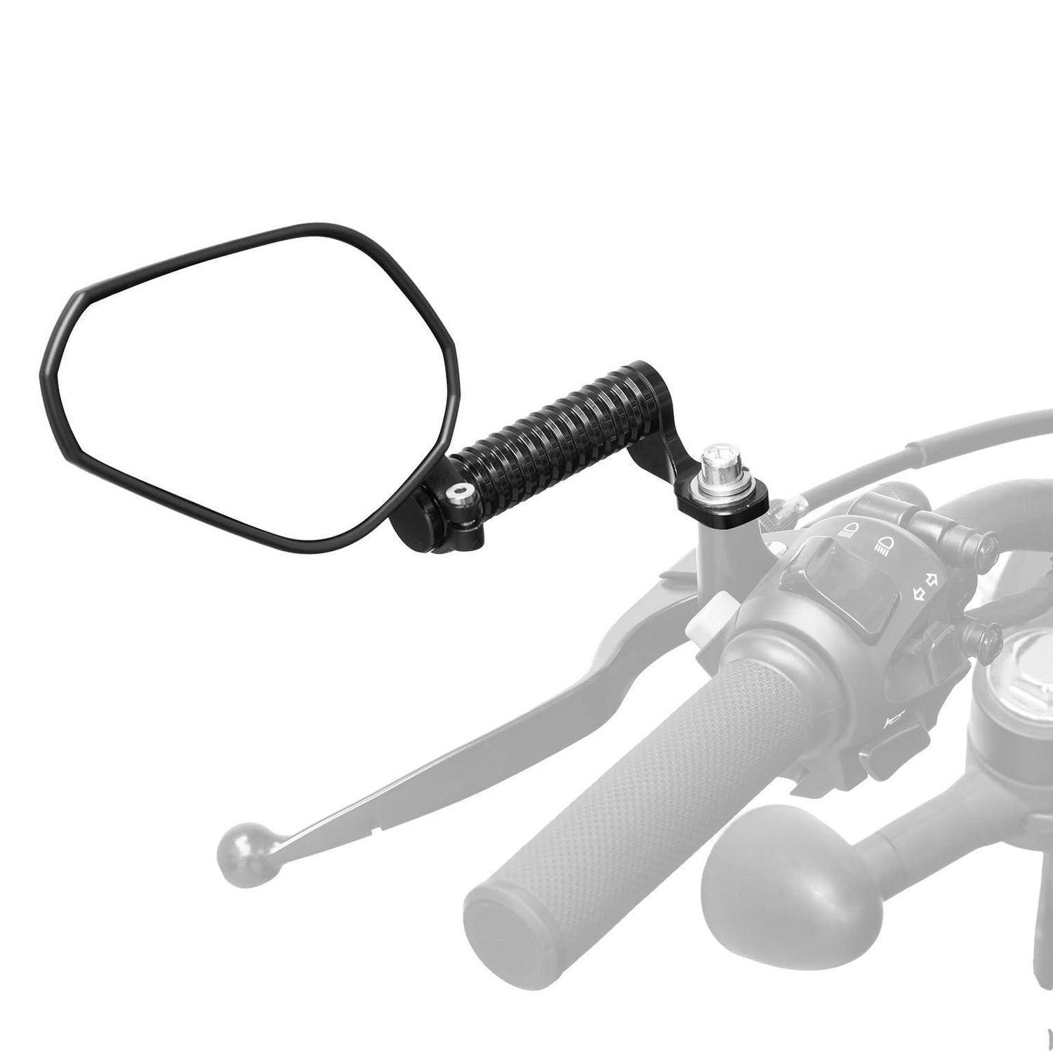 Motorrad-Lenkerrspiegel, auf der linken Seite montiert, zeigt den Spiegelarm und die Klemme neben dem Griff und den Bedienelementen.