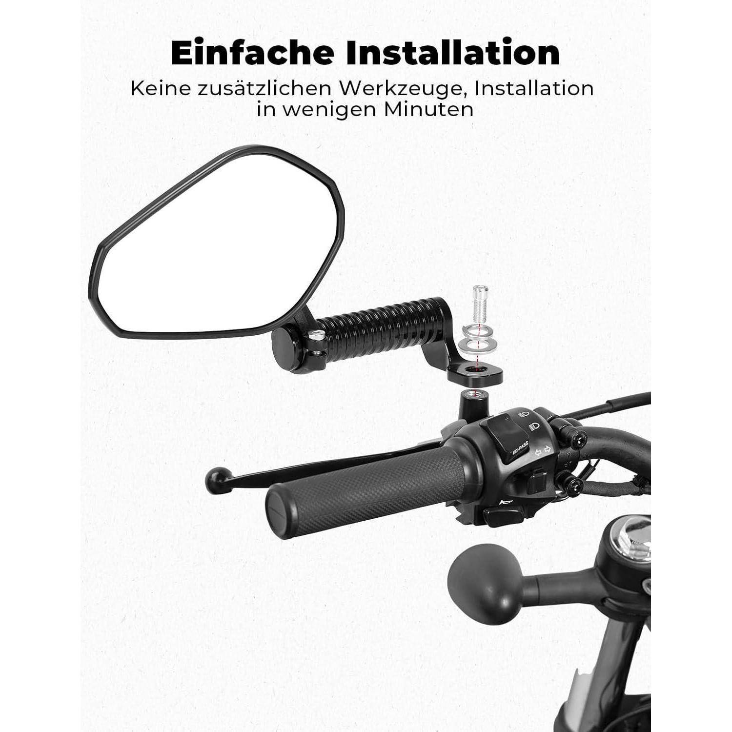 Motorrad-Lenkerspiegels mit Klemme montiert; Deutscher Text sagt „Einfache Installation