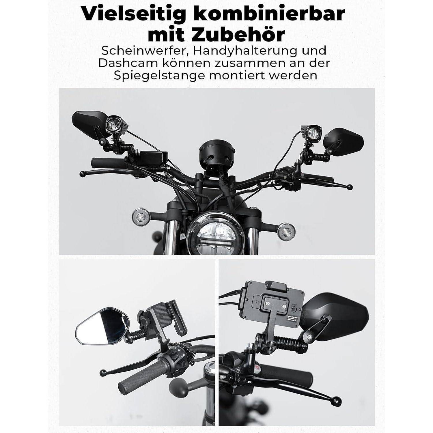 Zubehöraufbau für Motorradlenker, der ein Frontlicht, eine Handyhalterung und eine Dashcam zeigt, die zusammen auf der Spiegelstange montiert sind; der Text besagt, dass sie kombiniert werden können.