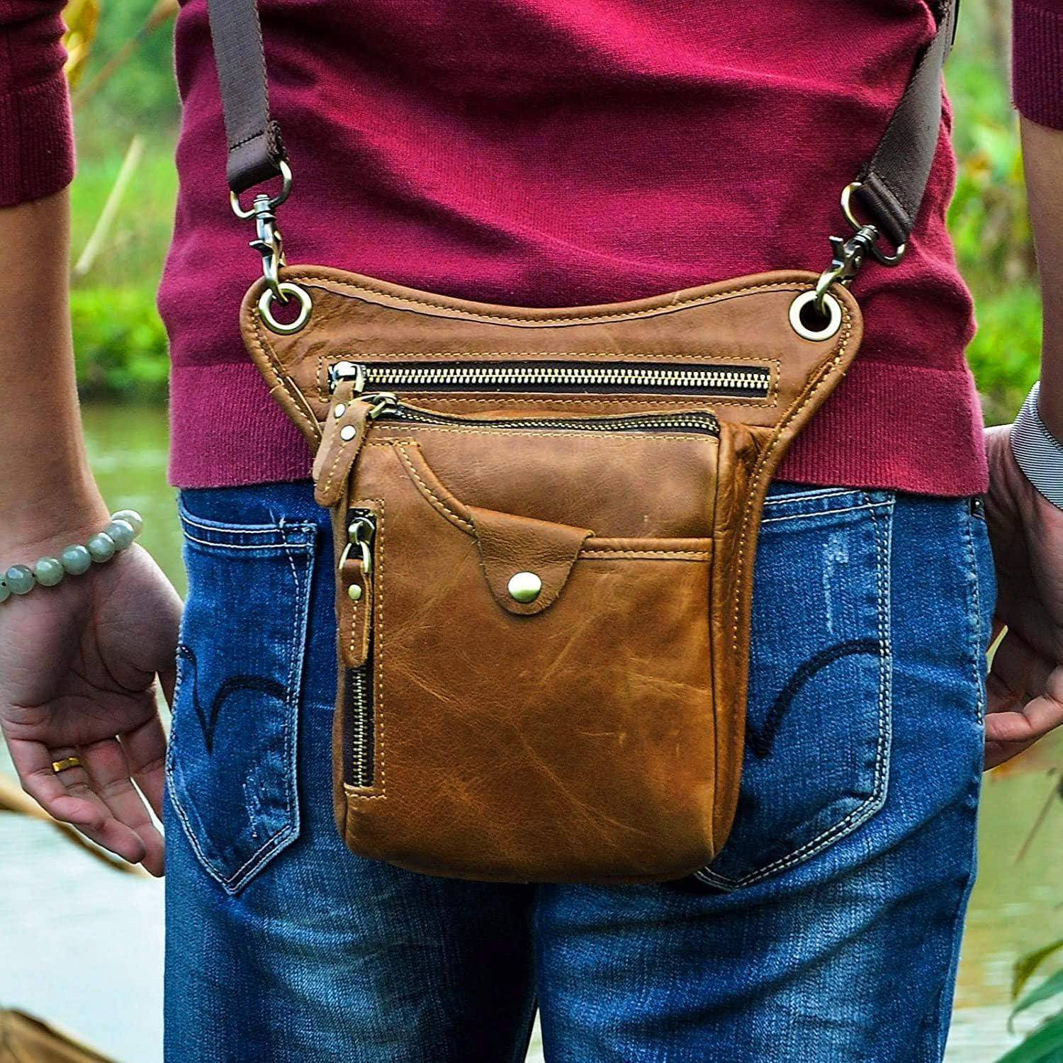 Herren Leder Tasche Beinbeutel Hüfttasche 211-5 Hellbraun