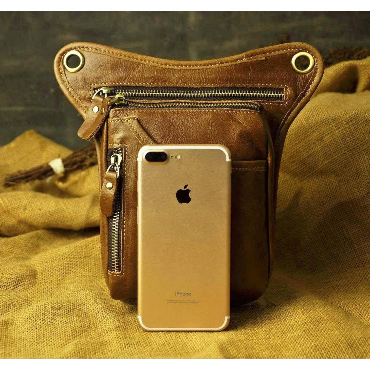 Herren Leder Tasche Beinbeutel Hüfttasche 211-5 Hellbraun