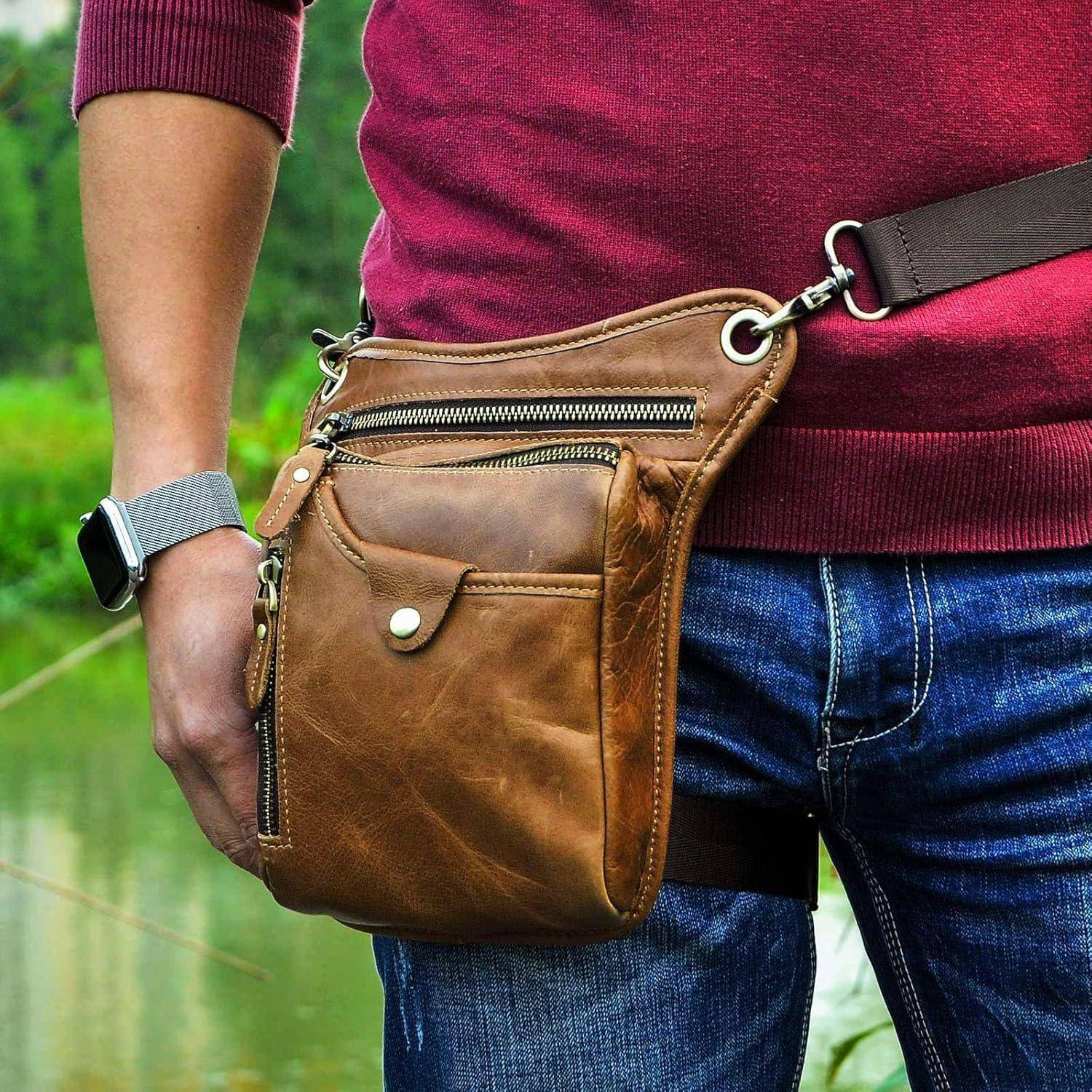 Herren Leder Tasche Beinbeutel Hüfttasche 211-5 Hellbraun