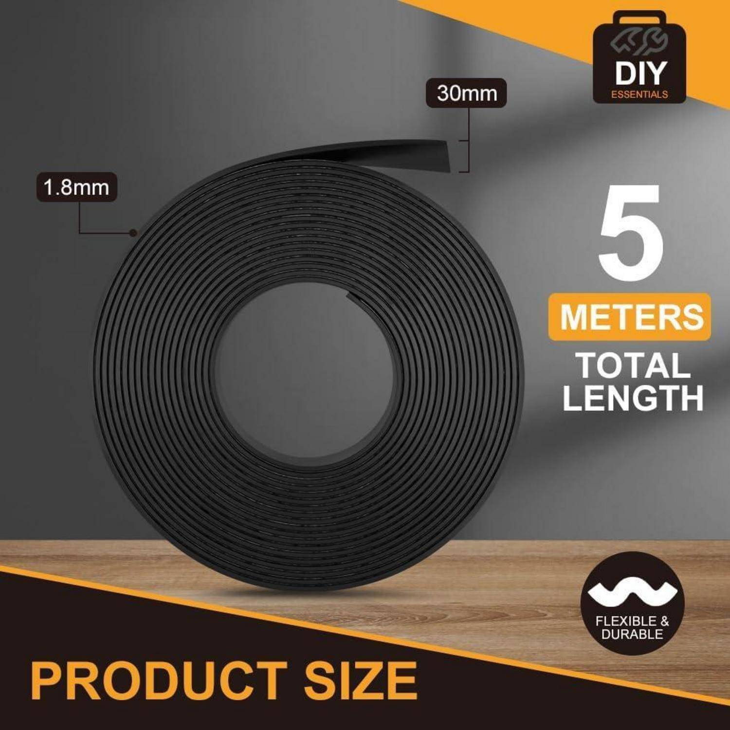 Produktgrößen-Grafik mit einem aufgerollten schwarzen Streifen, gekennzeichnet mit 30 mm Breite, 1,8 mm Dicke und 5 Meter Gesamtlänge.