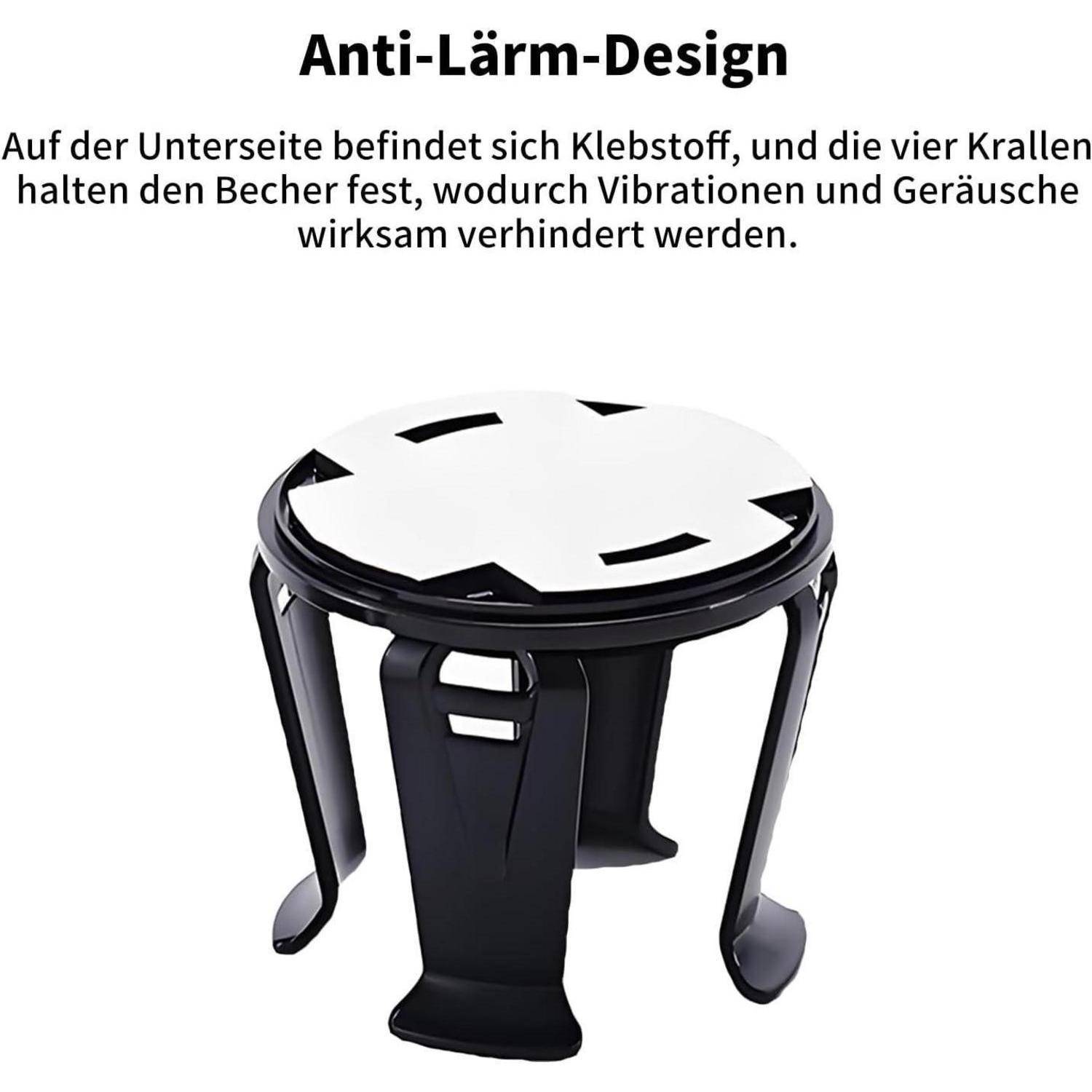 Anti-Lärm-Design-Diagramm zeigt einen Becherhalter mit klebender Unterseite und vier Krallen, die den Becher sichern, um Vibrationen und Lärm zu reduzieren.