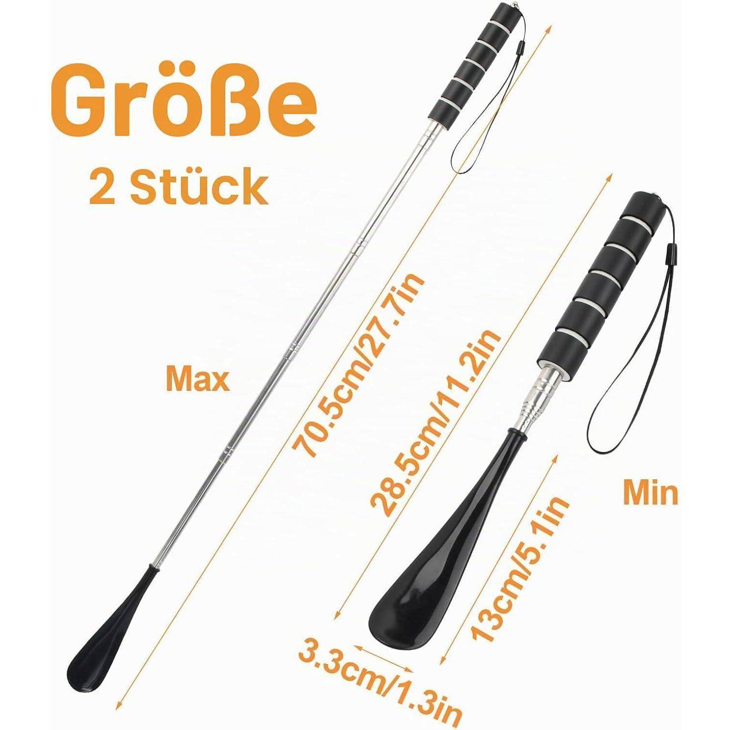 2x Ausziehbarer Schuhlöffel 30-71cm Schwarz Edelstahl mit Trageband