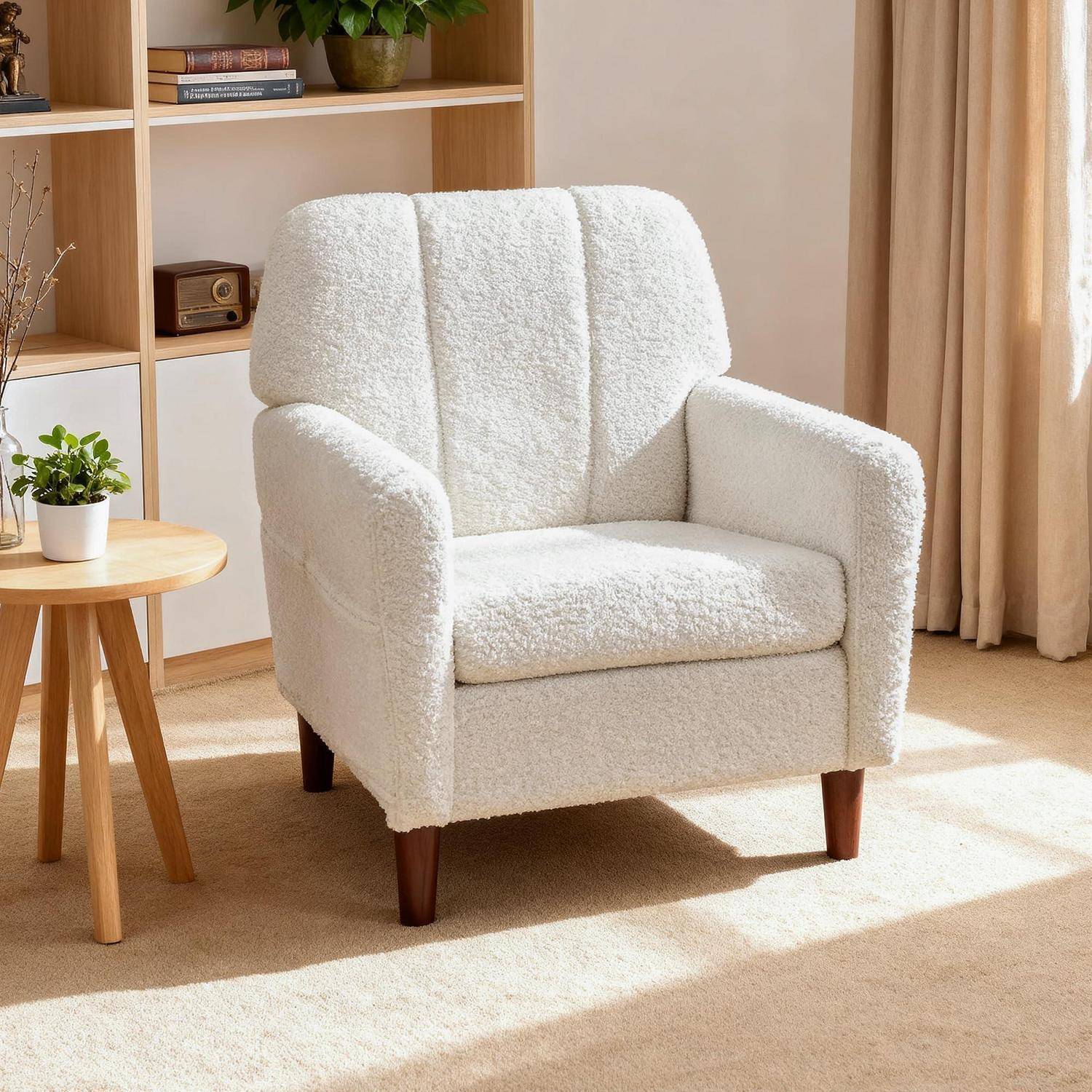 Ohrensessel Wollfleece Weiß mit Seitentaschen 74x74,5x87cm