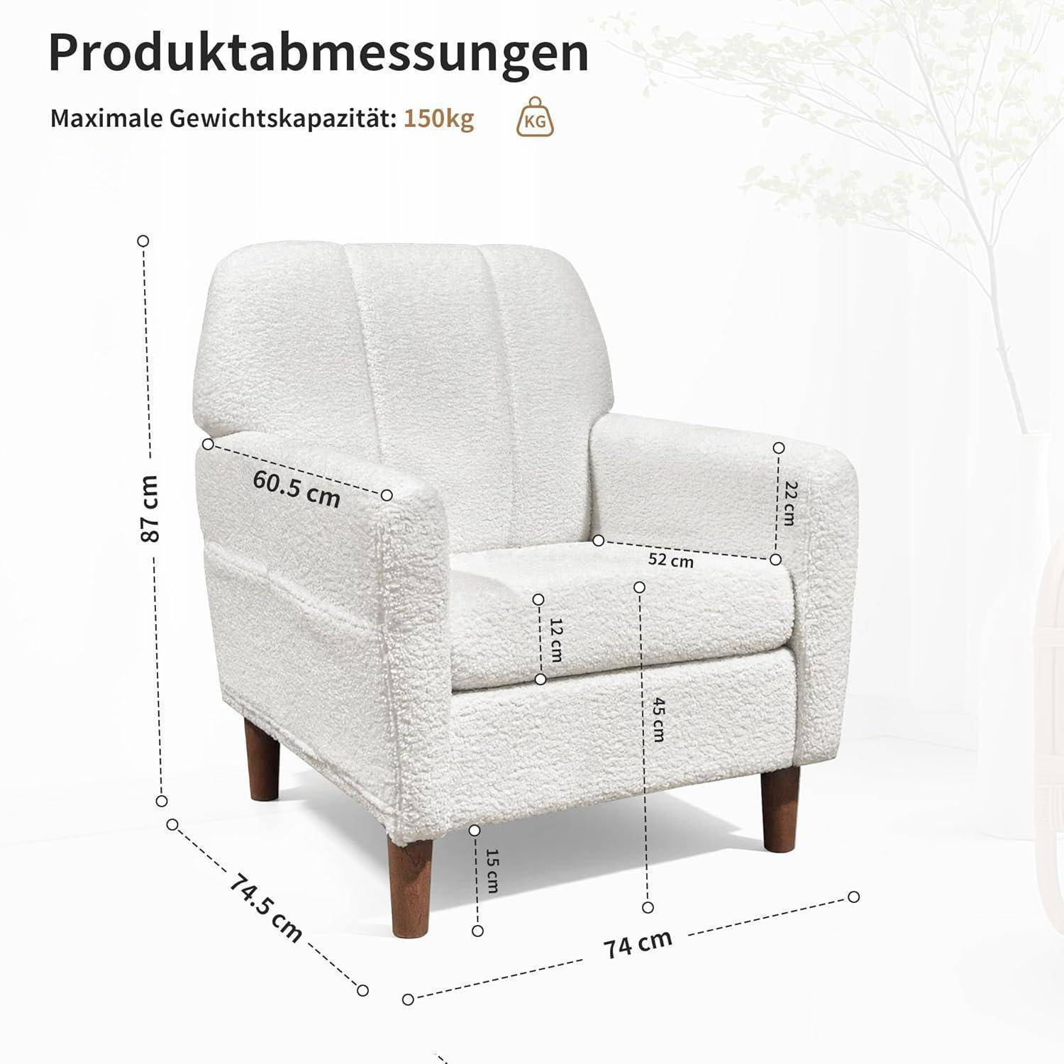 Ohrensessel Wollfleece Weiß mit Seitentaschen 74x74,5x87cm