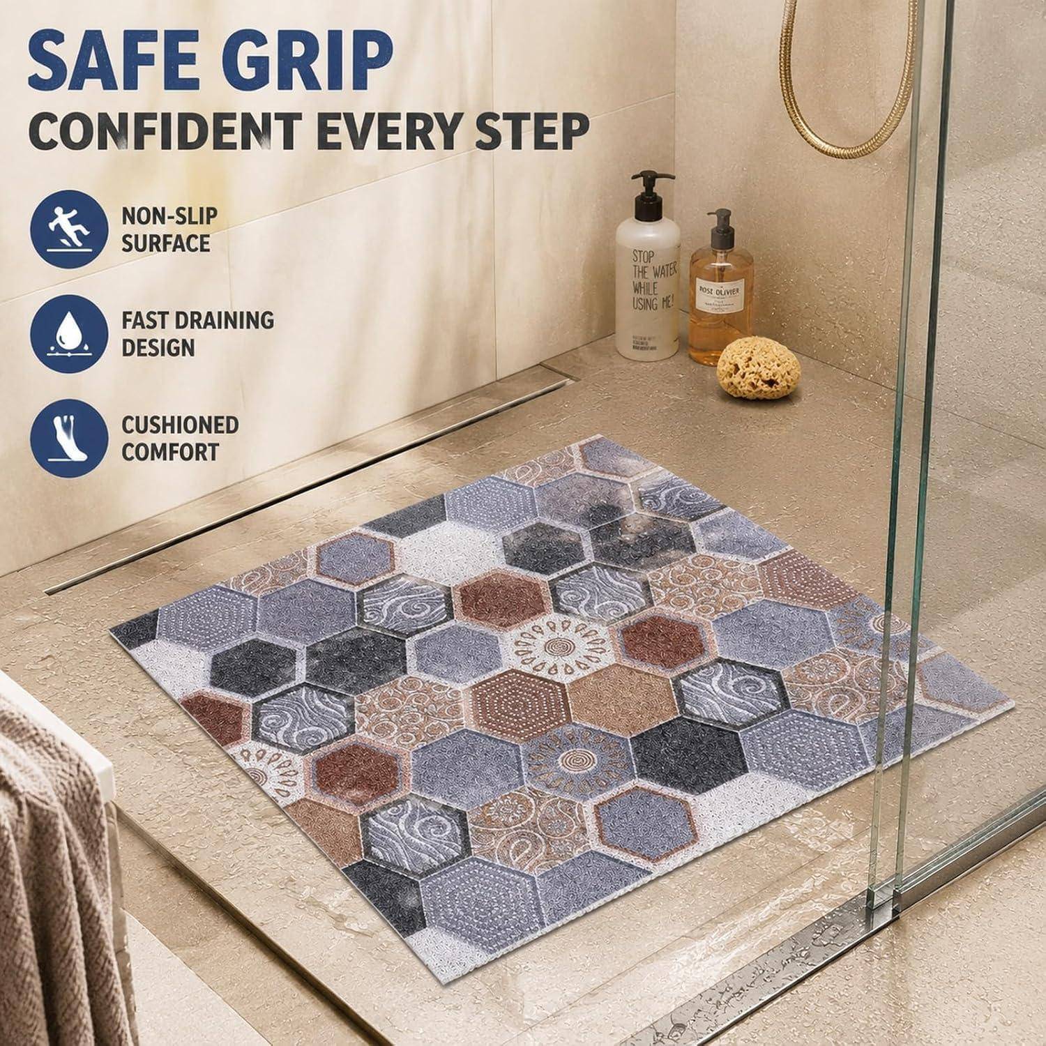 Badematte 60x60 cm PVC-Loops rutschfest Hexagon-Muster