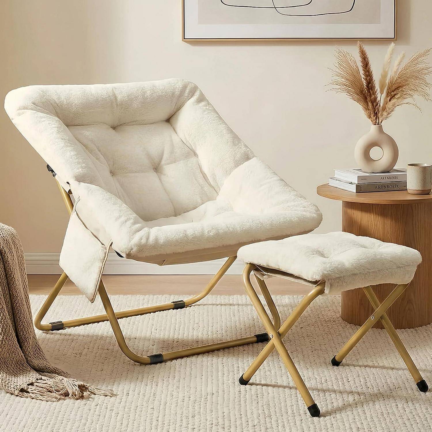 Clevich Relaxsessel mit Hocker Kunstfell Beige faltbar Metallgestell