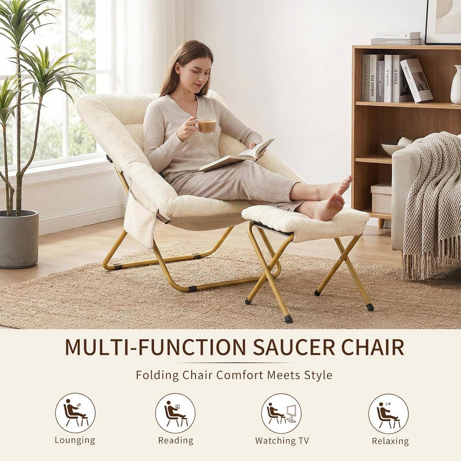 Clevich Relaxsessel mit Hocker Kunstfell Beige faltbar Metallgestell