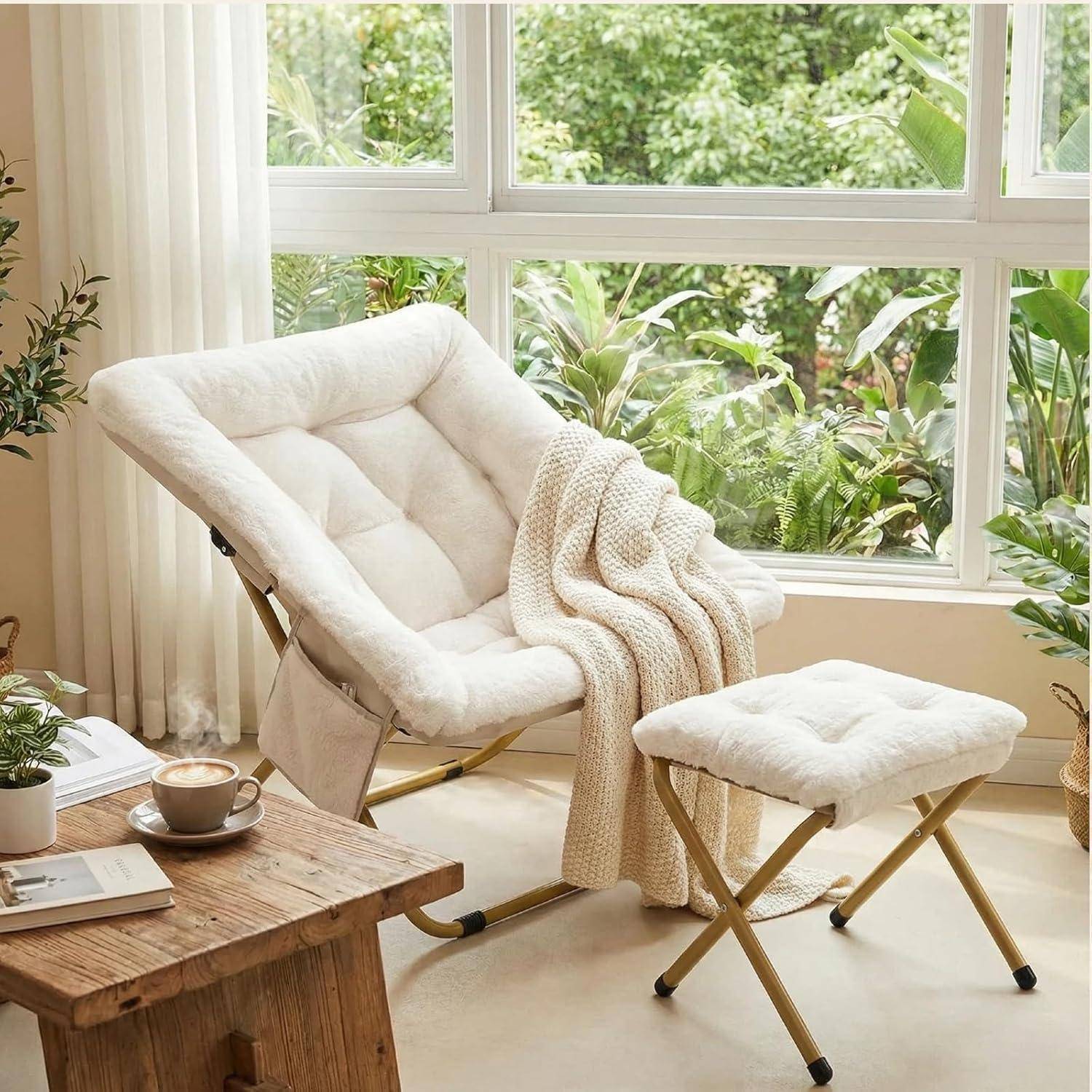 Clevich Relaxsessel mit Hocker Kunstfell Beige faltbar Metallgestell