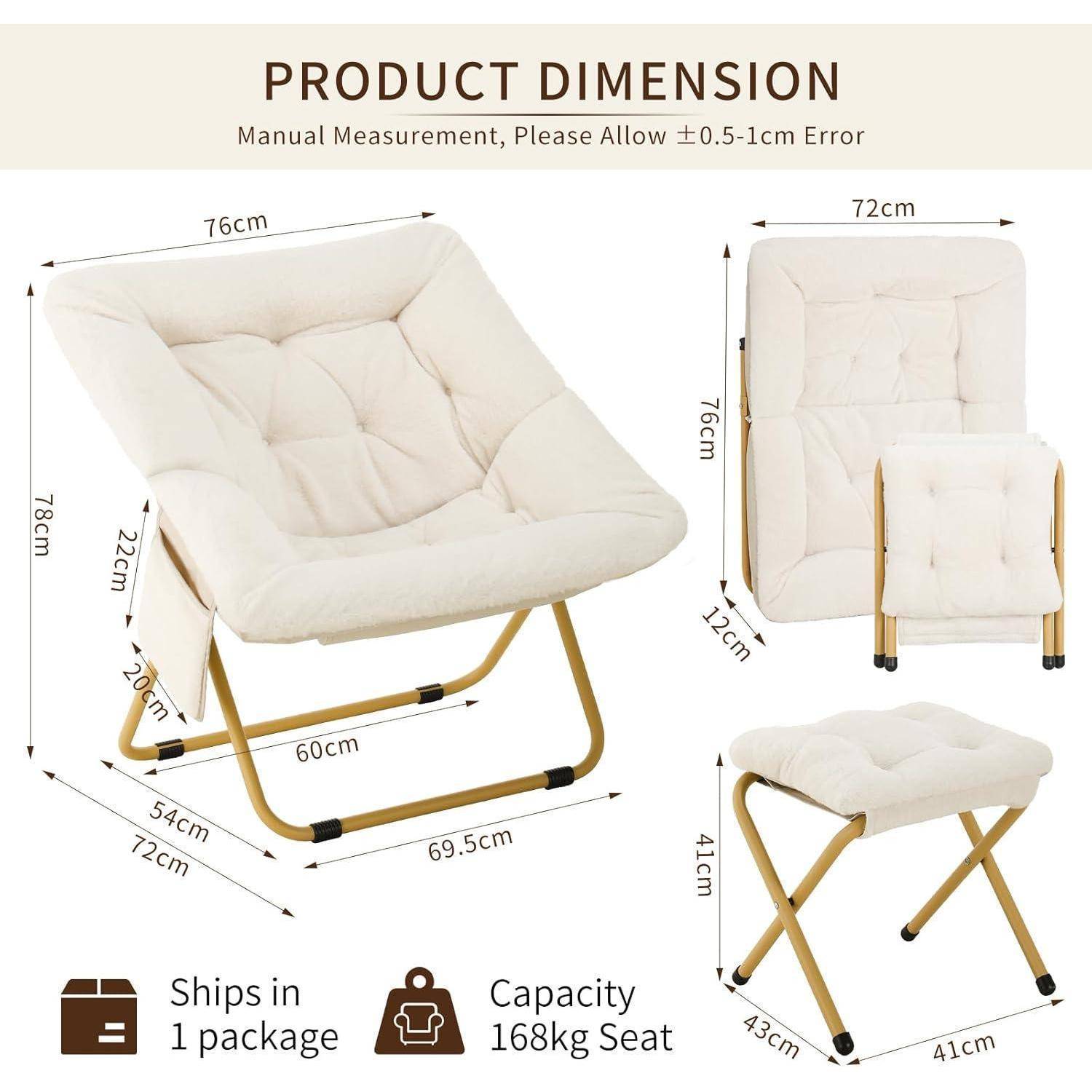 Clevich Relaxsessel mit Hocker Kunstfell Beige faltbar Metallgestell