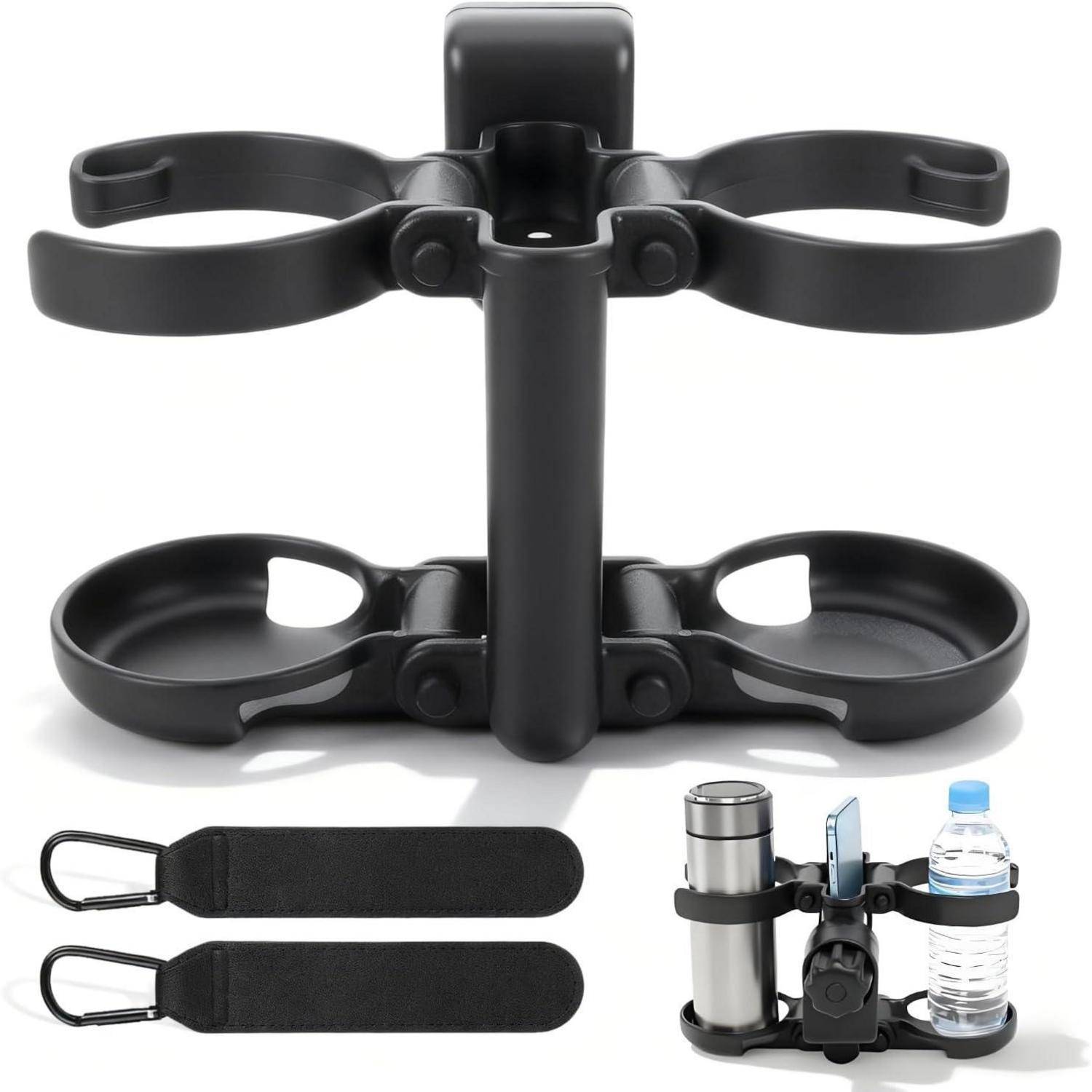 3-in-1 Getränkehalter mit Handyhalter und 2 Haken, Schwarz
