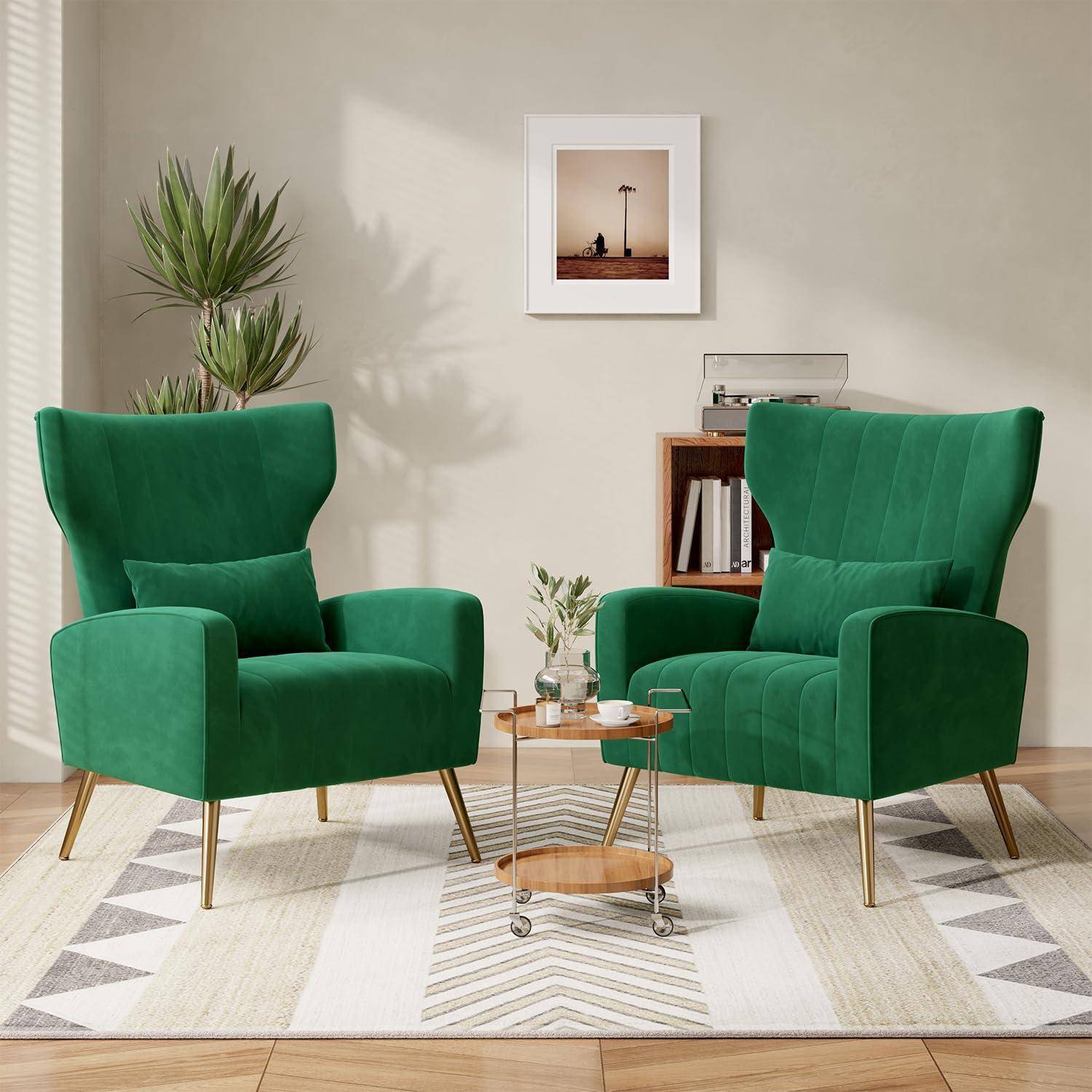 2er-Set Relaxsessel Samt Grün mit Kopfkissen und Metallfüßen