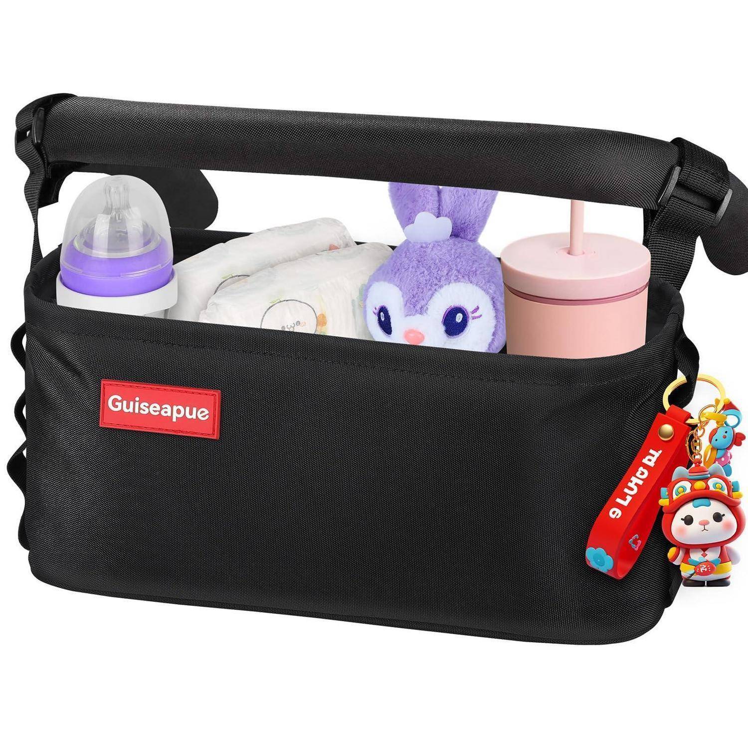 Kinderwagenorganizer Schwarz mit Getränkehalter und großer Kapazität