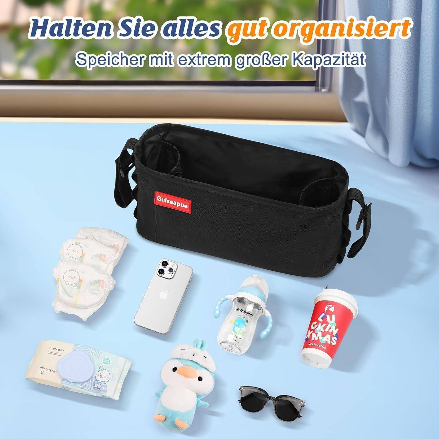 Kinderwagenorganizer Schwarz mit Getränkehalter und großer Kapazität