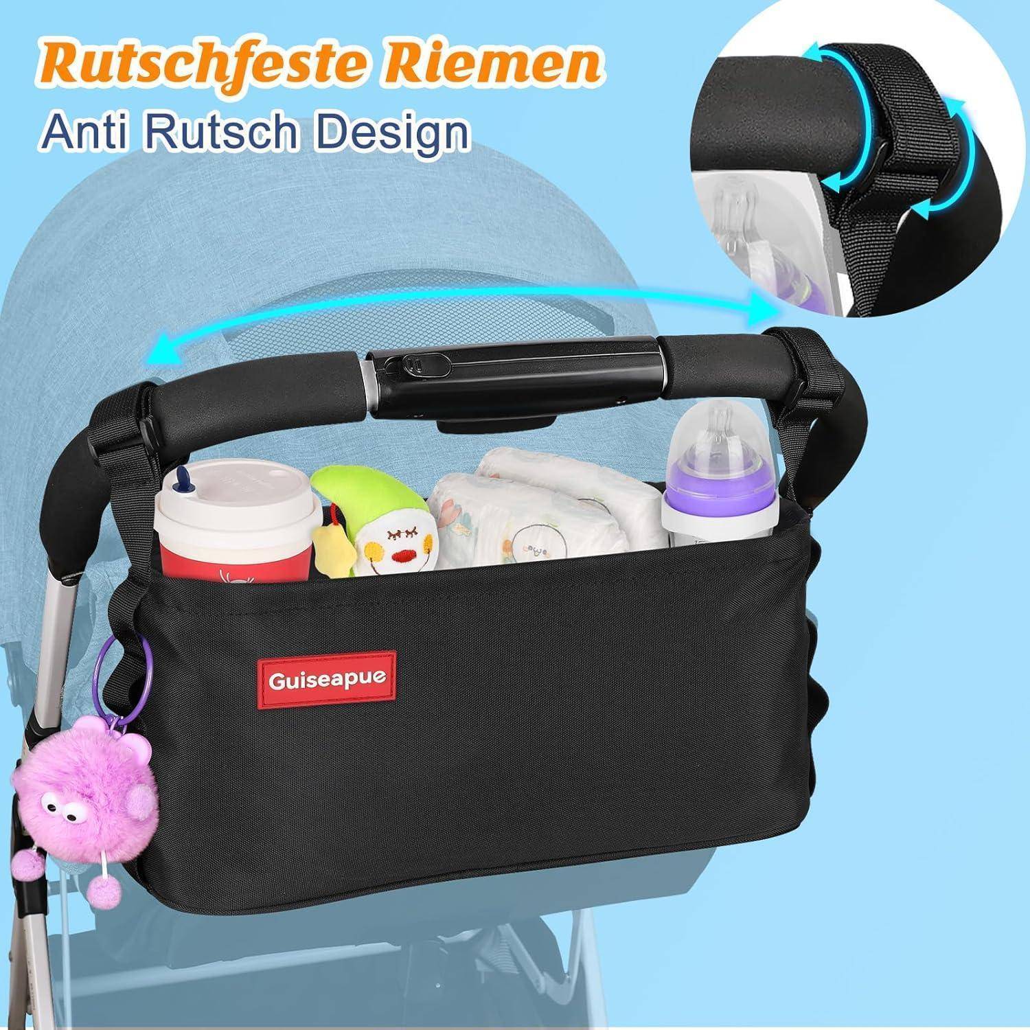 Kinderwagenorganizer Schwarz mit Getränkehalter und großer Kapazität