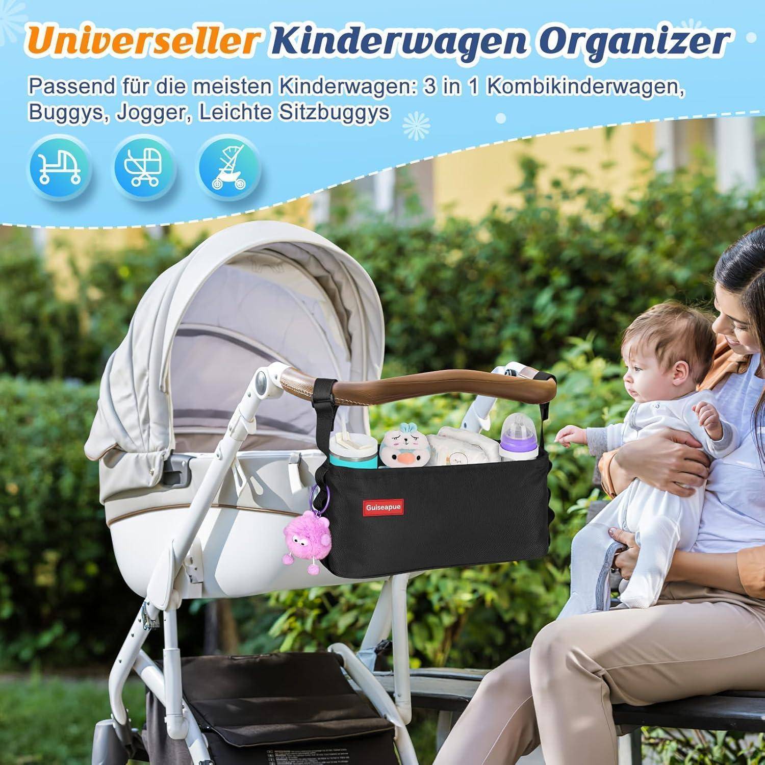 Kinderwagenorganizer Schwarz mit Getränkehalter und großer Kapazität