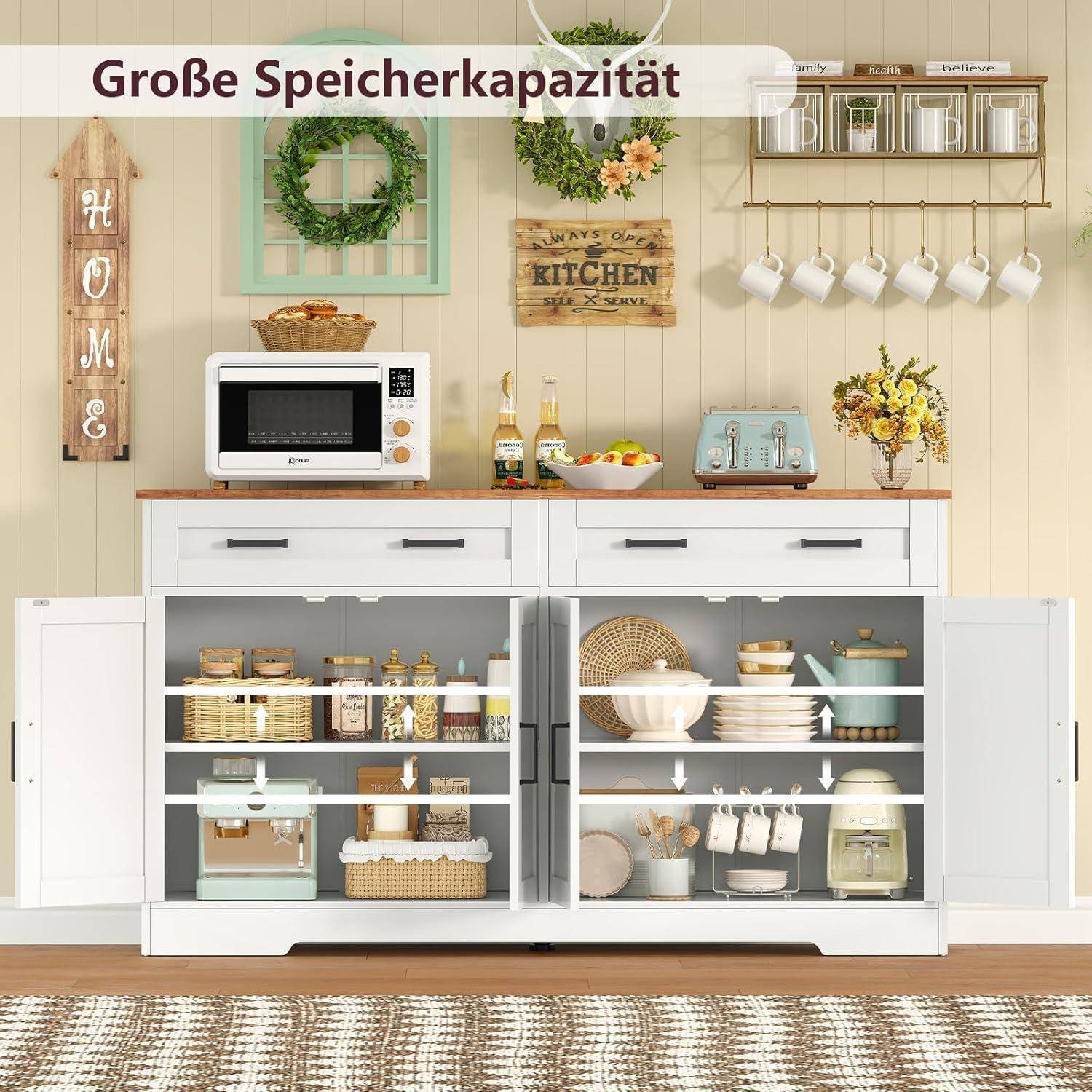 Sideboard weiß 140x40x80cm mit 2 Schubladen und verstellbaren Regalen